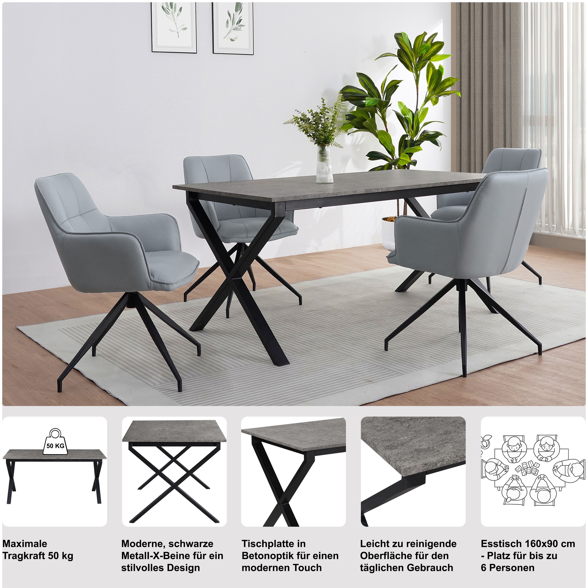 Esstisch OTTO HOME "Boddhi", eichefarben, schwarz, B:160cm H:75cm T:90cm, Tische, Esstisch, schwarzes Metallgestell, Plattenvarianten wählbar, sowie Größen 2