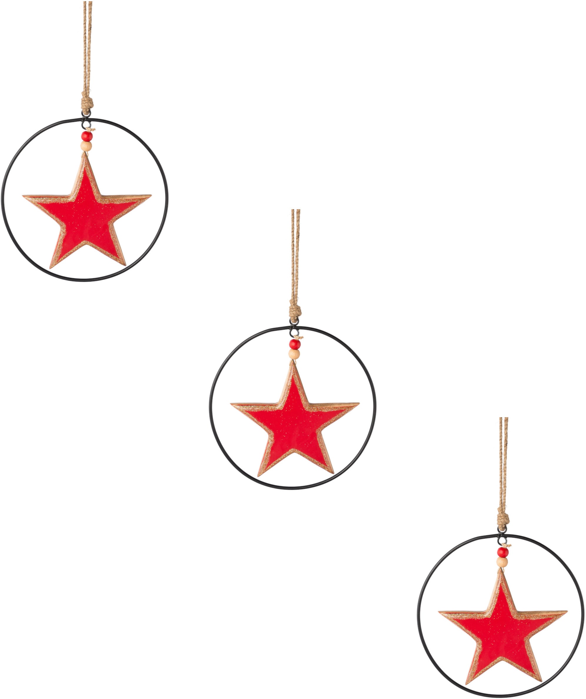 Creativ deco Dekostern "Weihnachtsstern, Weihnachtsdeko rot", (3 St.), mit Enamel-Lackierung und Metallring, Durchmesser
