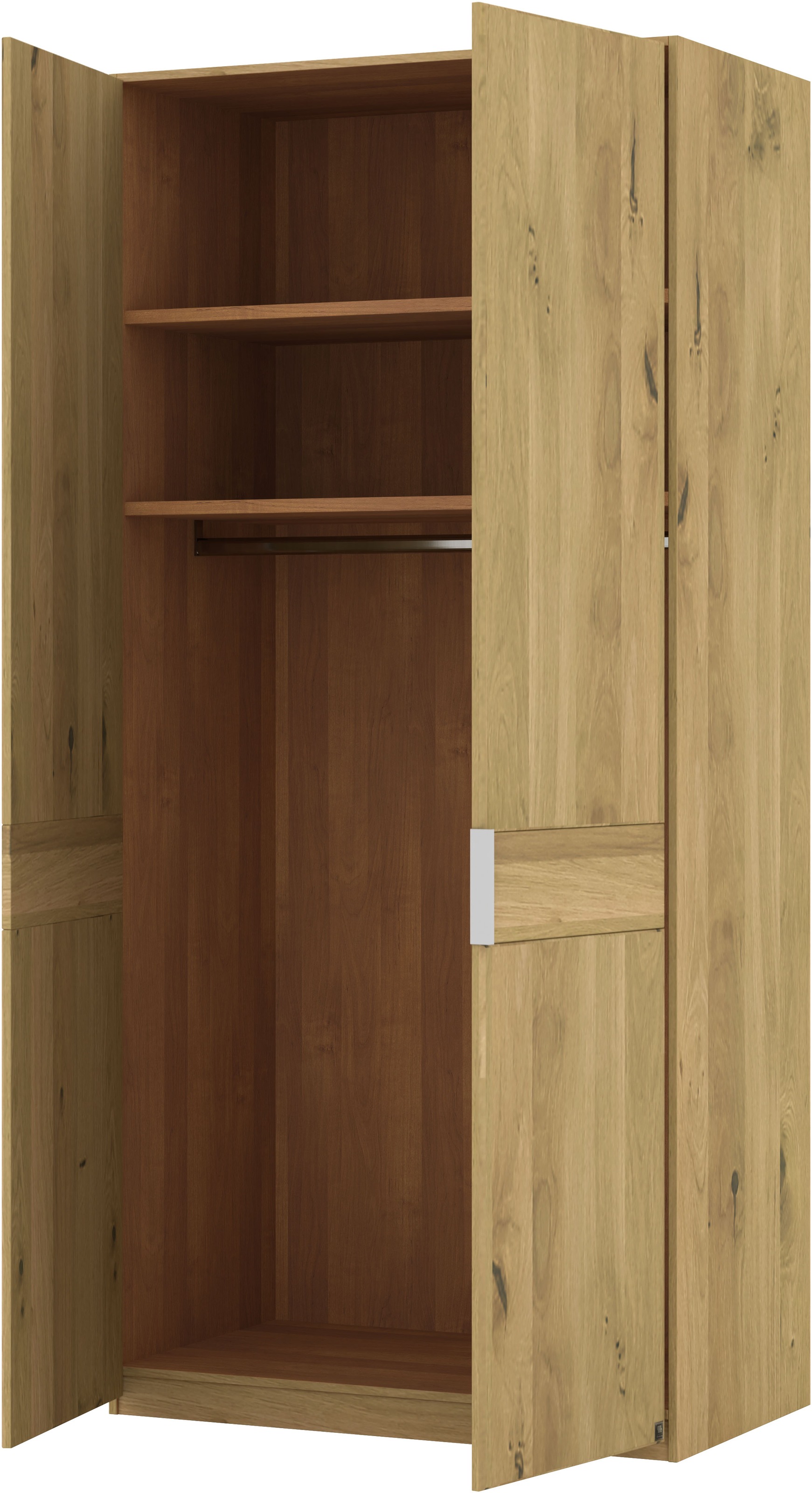 Musterring Drehtürenschrank »Savona, Kleiderschrank, Schrank, Garderobe, teilmassiv Eiche«, (mit Türdämpfern, in 5 Breiten & 2 Höhen, extra Böden, MADE IN GERMANY), Türen in Bianco-Eiche massiv, mit Querriegel, verschiedene Größen
