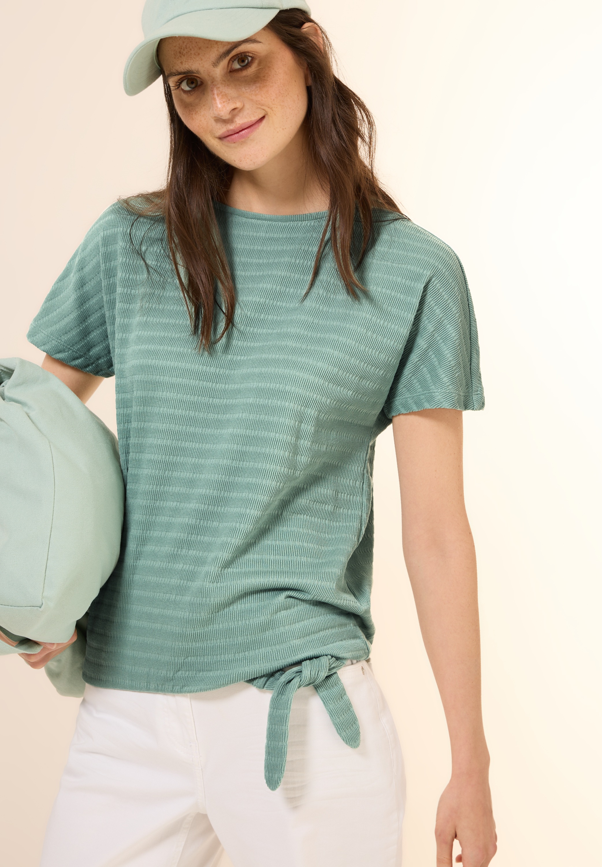 Cecil T-Shirt, in Smok-Optik und mit Knoten-Detail