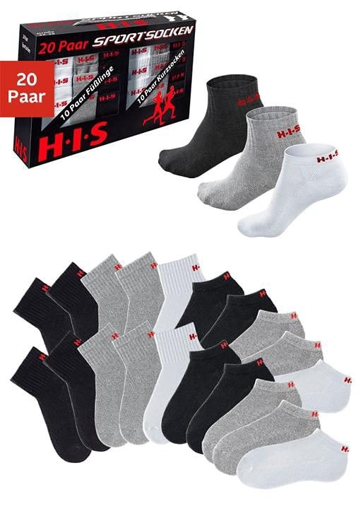 H.I.S Kurzsocken "Sportsocken Tennissocken Damen Herren" Box, 20 Stk. tlg. und Sneakersocken mit Frottee in einer Großpackung