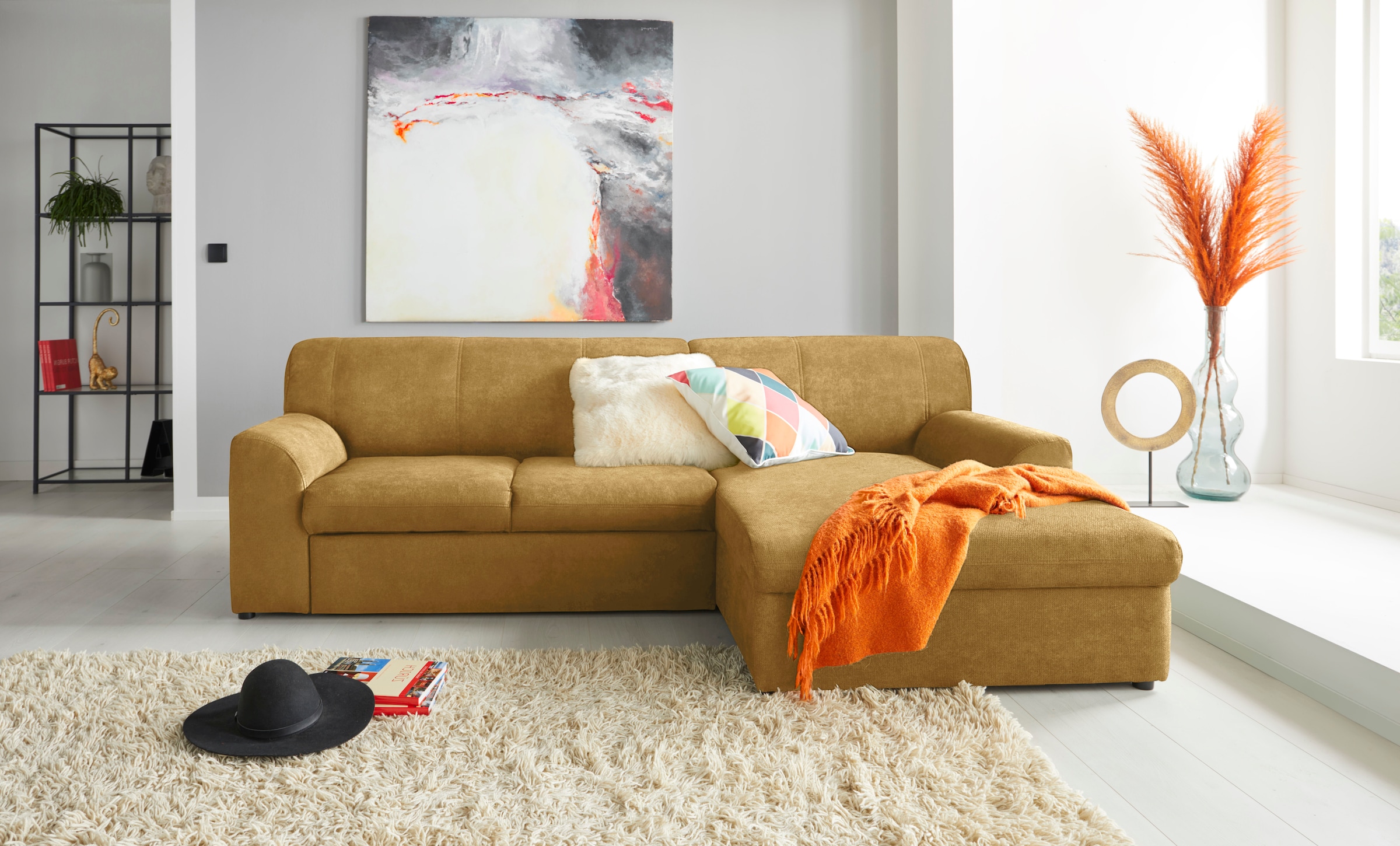 DOMO collection "Topper, elegant und zeitlos, kompaktes Stellmaß 245/155cm, L-Form" mit Recamiere, wahlweise mit Schlaffunktion