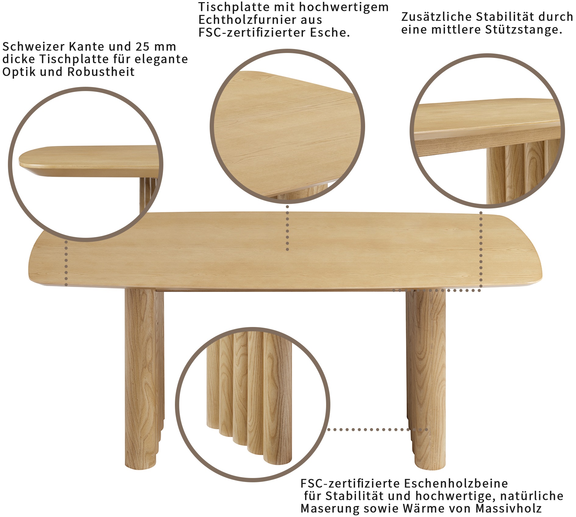 Esstisch OTTO HOME "Sacy", natur, natur, B:180cm H:76cm T:90cm, Tische, Esstisch, FSC-zertifizierter Esche, Schweizer Kante, Breite 180 cm 2