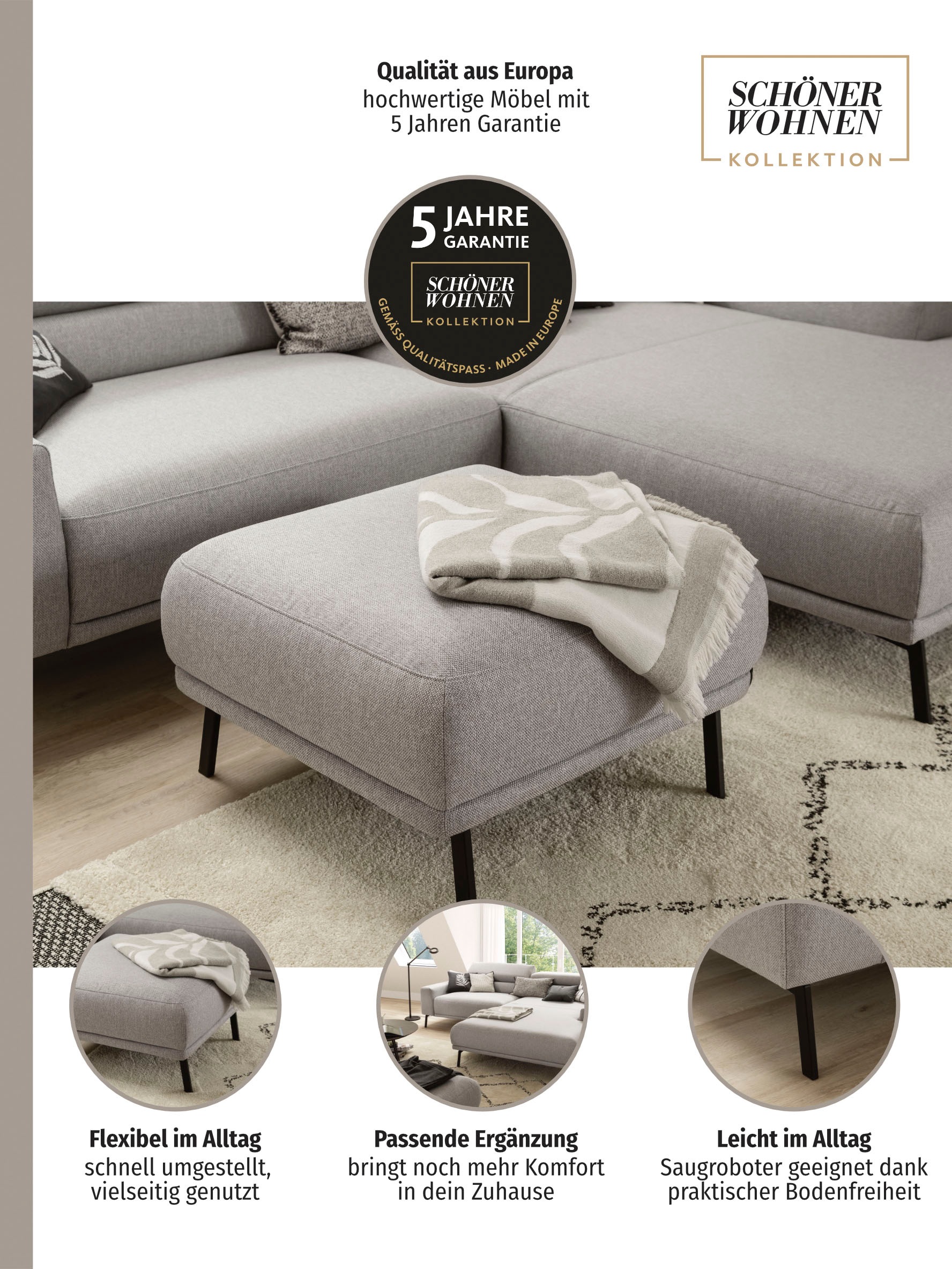 SCHÖNER WOHNEN-Kollektion Polsterhocker »Tossa, smarte Ergänzung für dein Wohnzimmer, Breite 73 cm« 1 Stk. tlg. Flexibler Komfort, edle Optik & saugroboterfreundlich