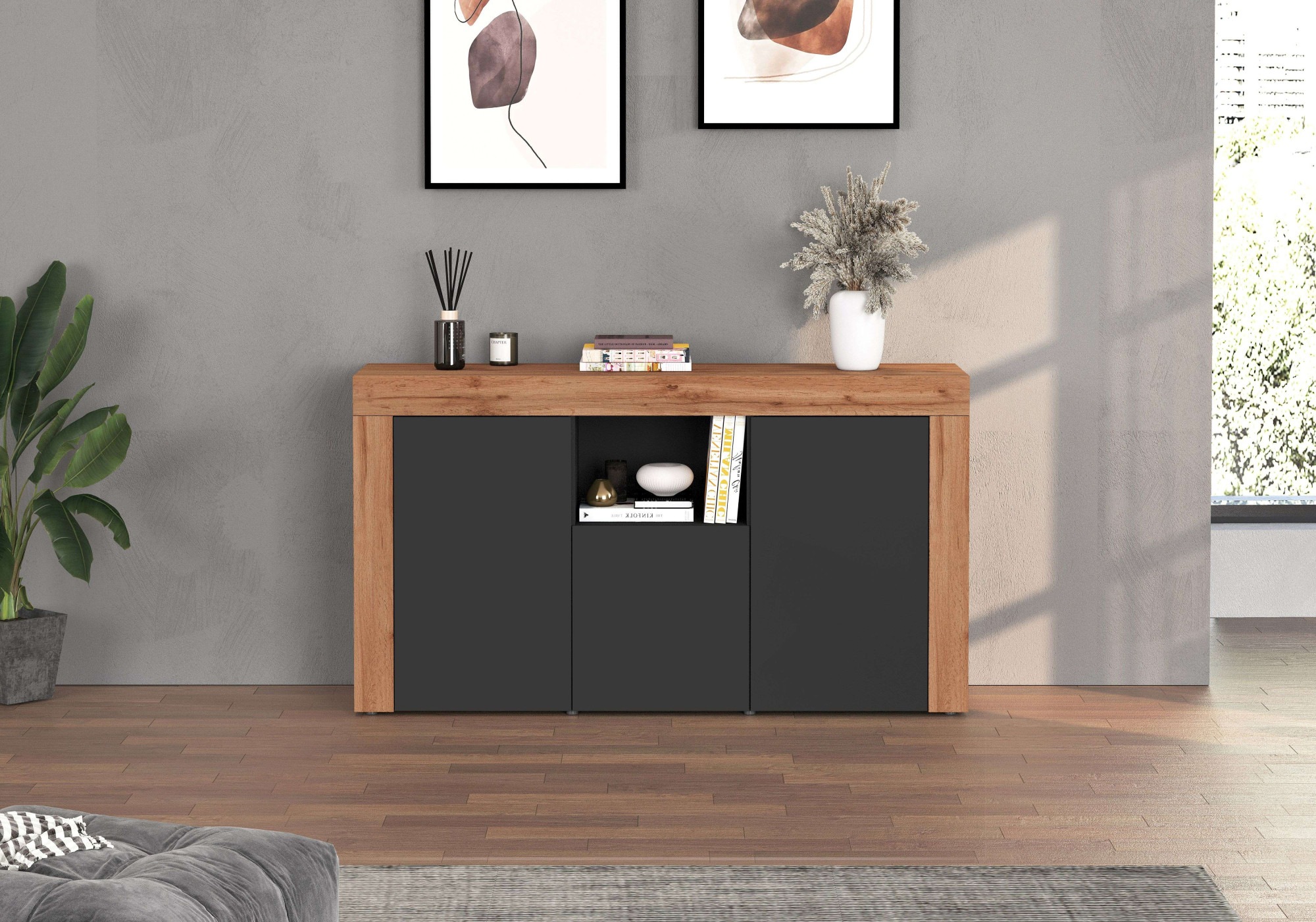 INOSIGN Sideboard »CHRONOS Breite 155 cm mit 3 Türen, 1 offenes und 6 geschlossene Fächer«, (1 St.), Sideboard,Kommode, Schrank, Grifflos mit Push to Open, Made in Italy