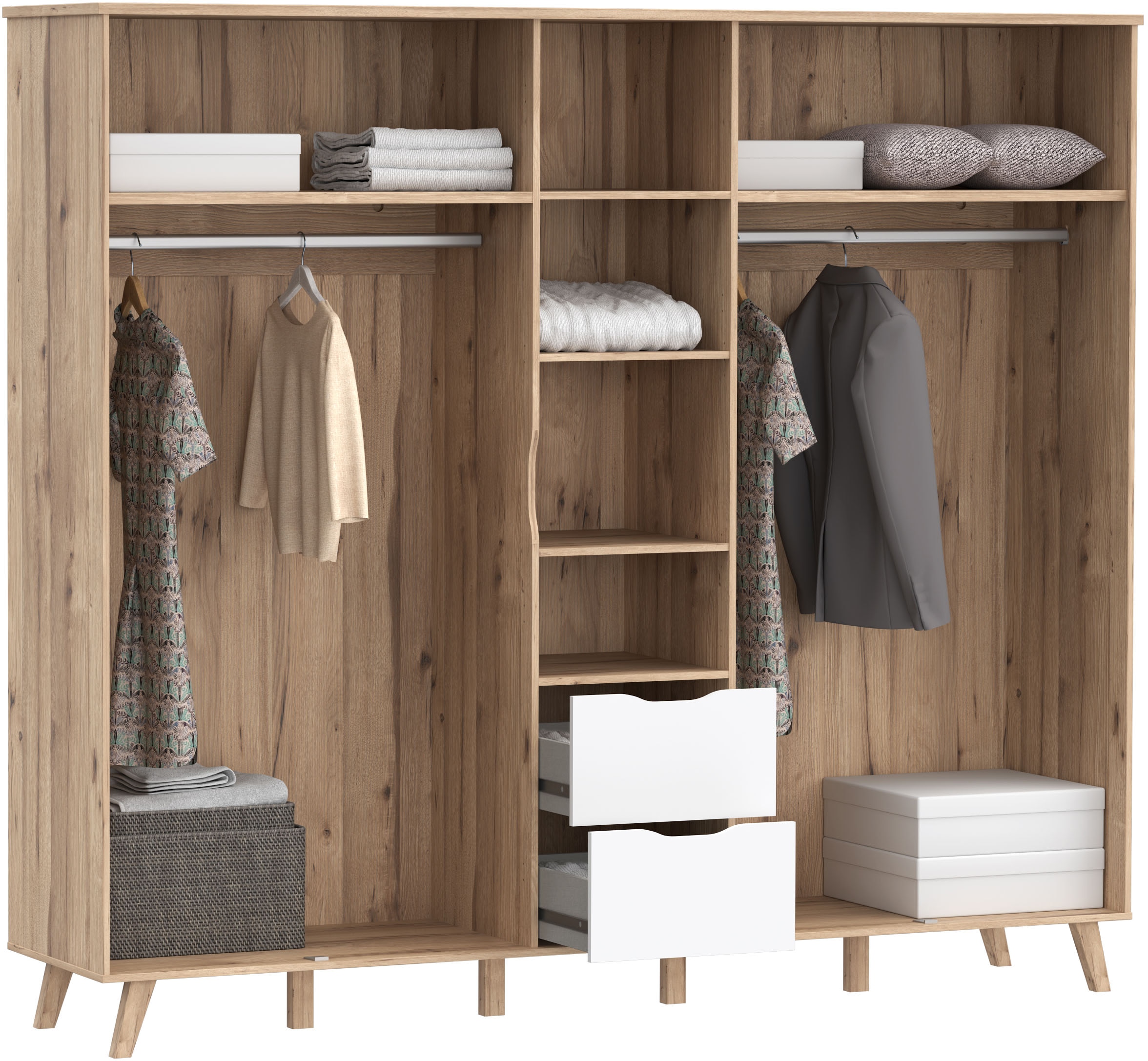 FORTE Kleiderschrank »Vankka, Drehtürenschrank, Viel Stauraum, skandinavischer Stil« Made in Europe, mit Einlegeböden+Kleiderstangen+Schubladen,grifflos