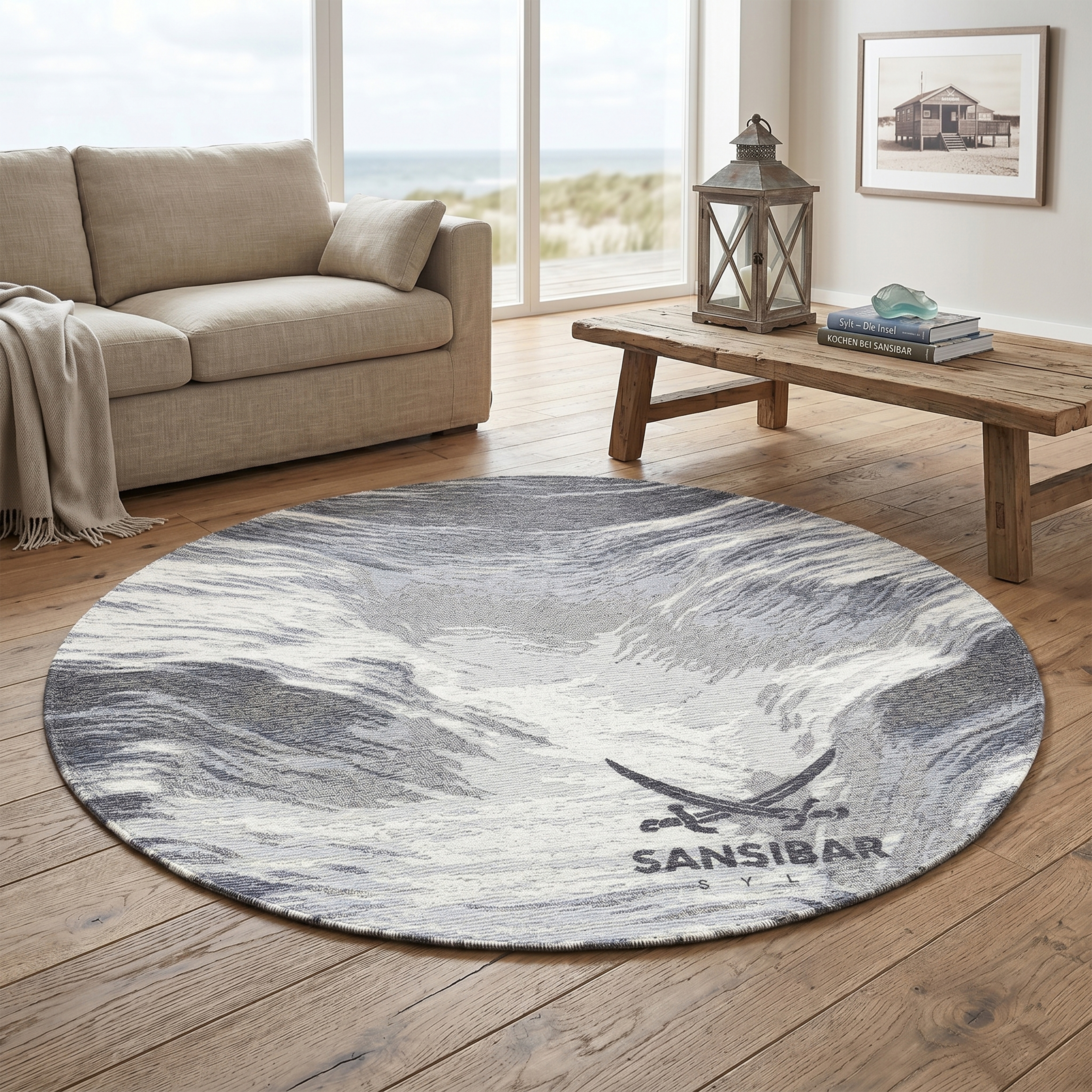 Sansibar Teppich "Keitum 032" rund 3 mm Höhe Flachgewebe, modernes Design, Motiv Brandung & Wellen