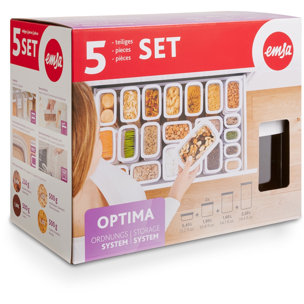 Emsa Vorratsdose »N11428 Optima«, (Set, 5 tlg.), rechteckig, sicher, hygienisch, unbedenklich, platzeffizient