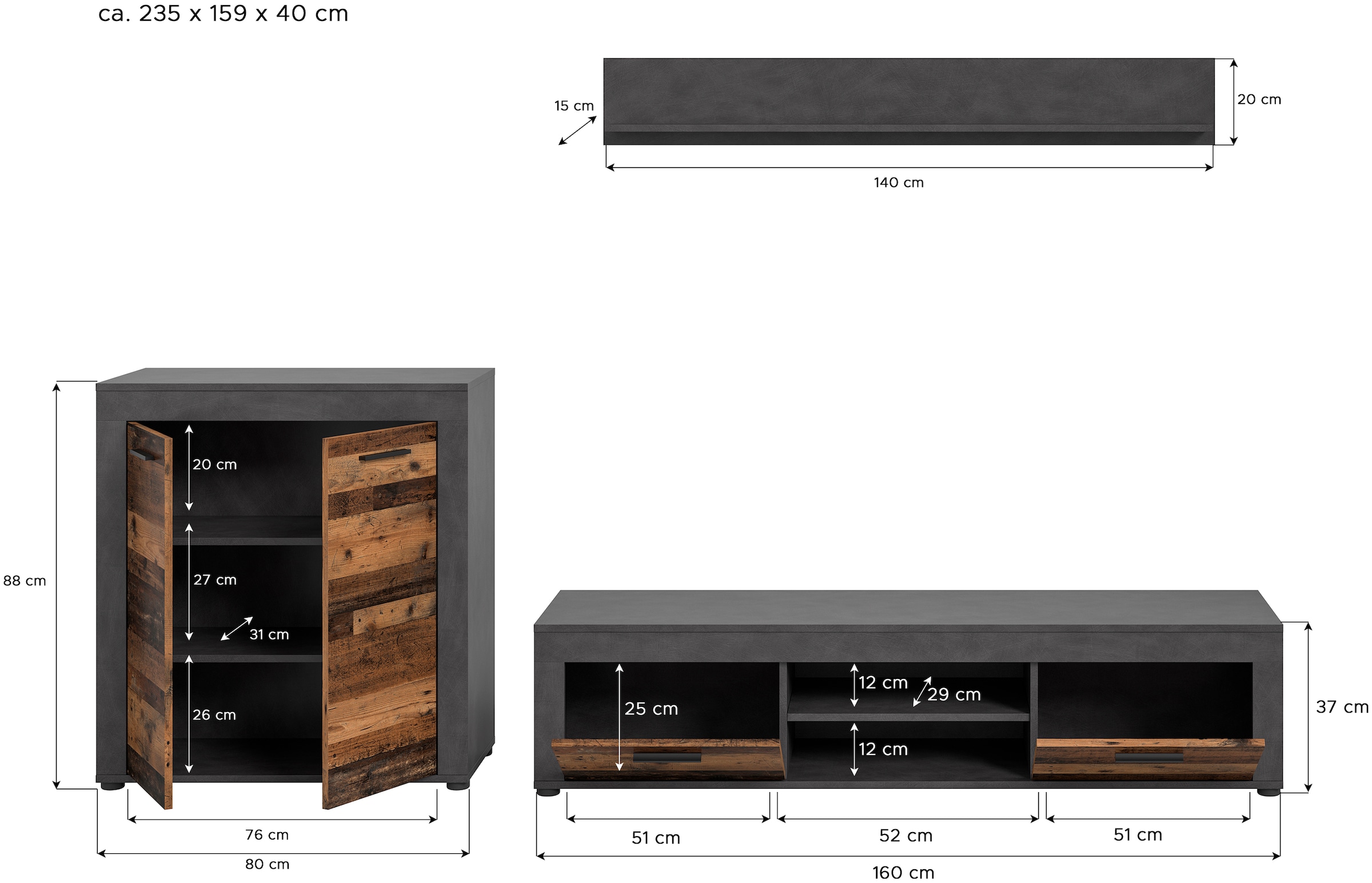 INOSIGN Wohnwand »Aosta, Breite 255cm, bestehend aus Highboard, Lowboard, Wandboard«, (3 St.), Wohnwand, Kombination, Anbauwand, Möbel Set, Schrankwand, Möbel Kombi