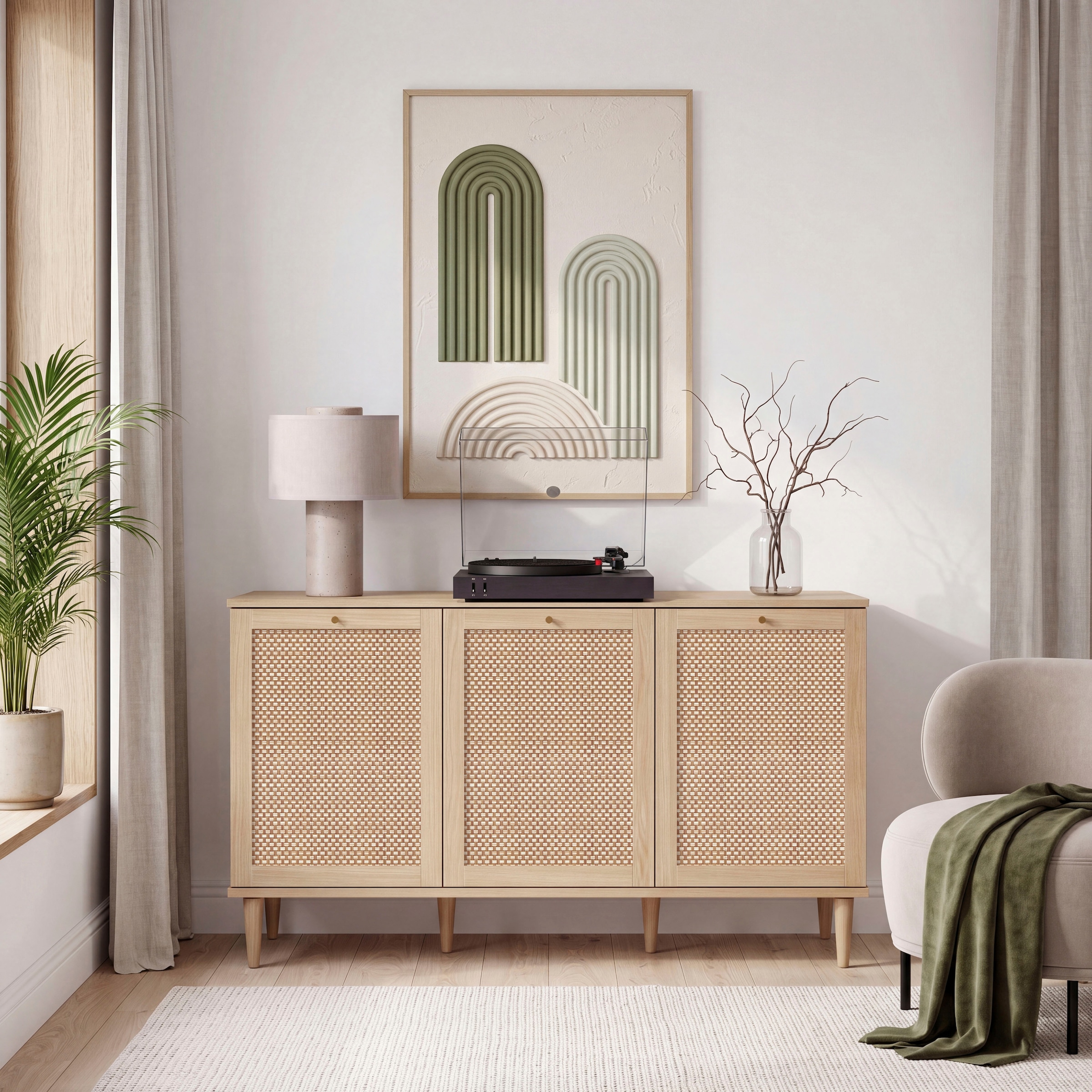 OTTO home Sideboard »ELLIAN mit  Wiener Geflechtoptik, 3 Türen, Boho Stil, Vintage« Holzfüße, Metallgriffe, Made in EU, viel Stauraum, FSC® zertifiziert