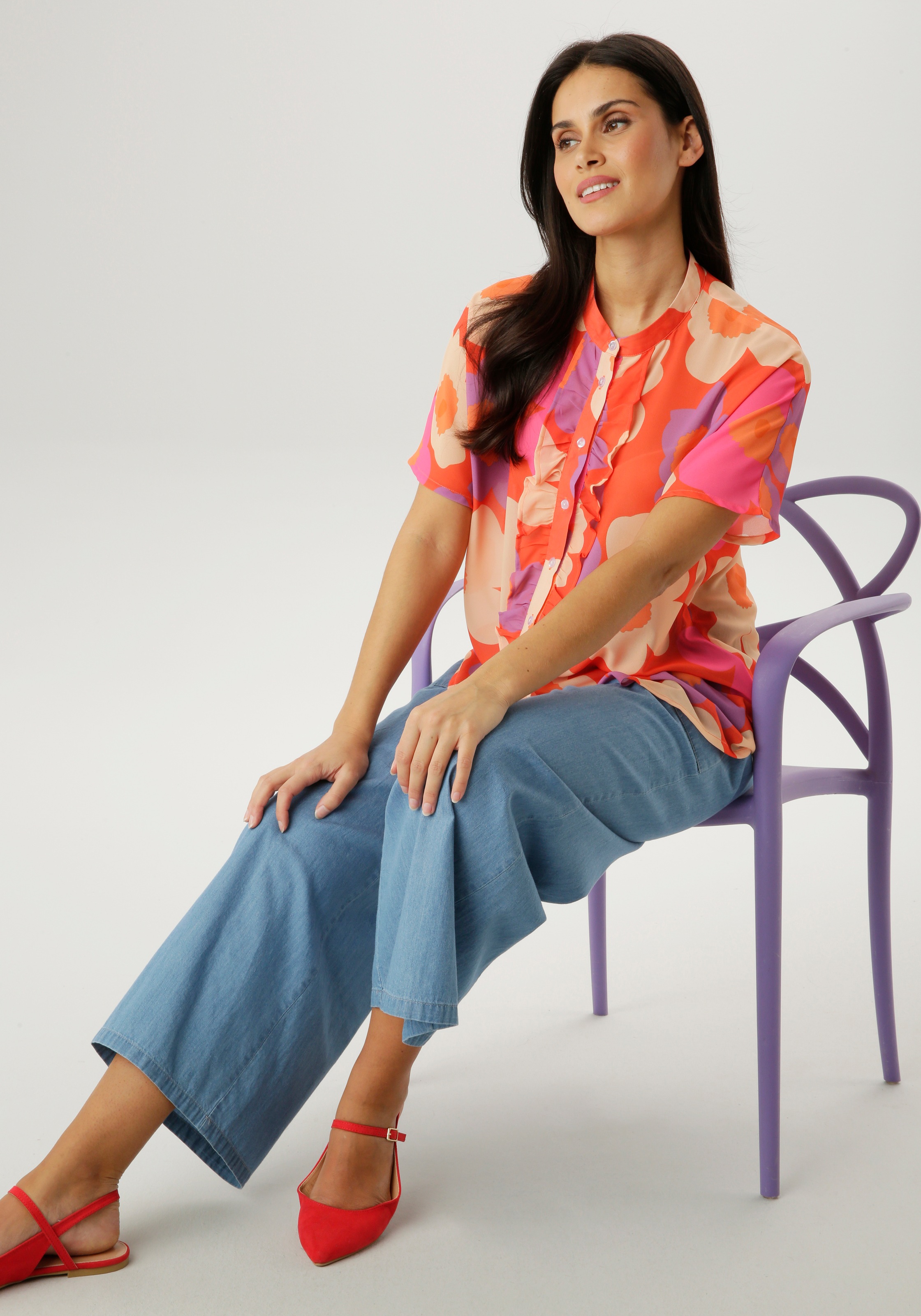 Aniston SELECTED Chiffonbluse kleiner Stehkragen und längs verlaufende Volants - NEUE KOLLEKTION