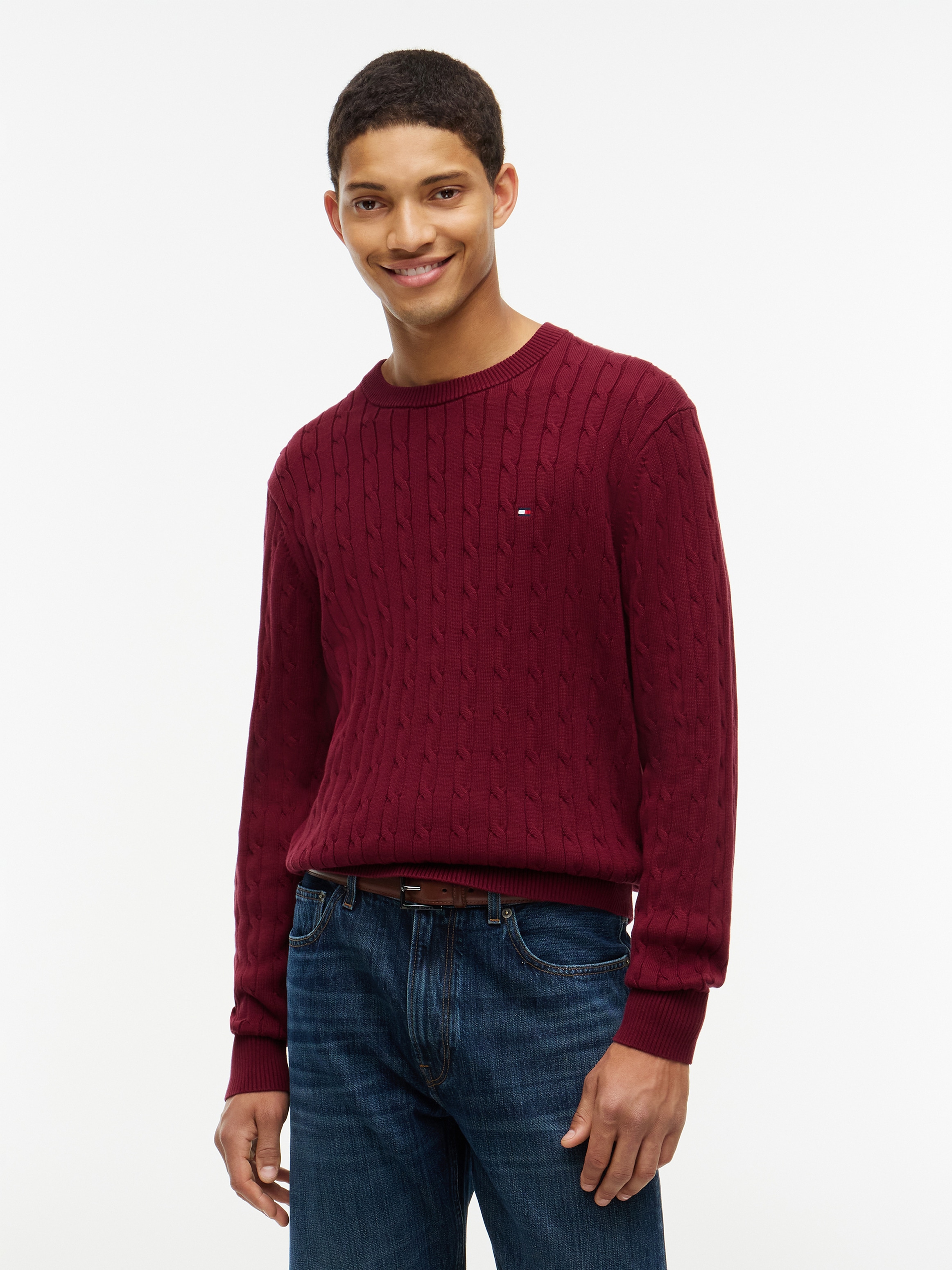 Tommy Hilfiger Strickpullover "CLASSIC CABLE CREW NECK mit Strukturstrick und Flaglabel" unifarben, casual, regular fit, Baumwolle, Rundhals