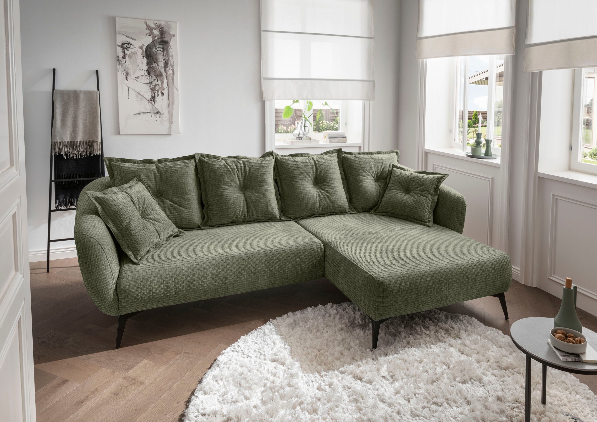 Home affaire Ecksofa »Baggio Stellmaße 277/162 cm, modern & elegant, hoher Fuß« L-Form, schwarze Metallfüße
