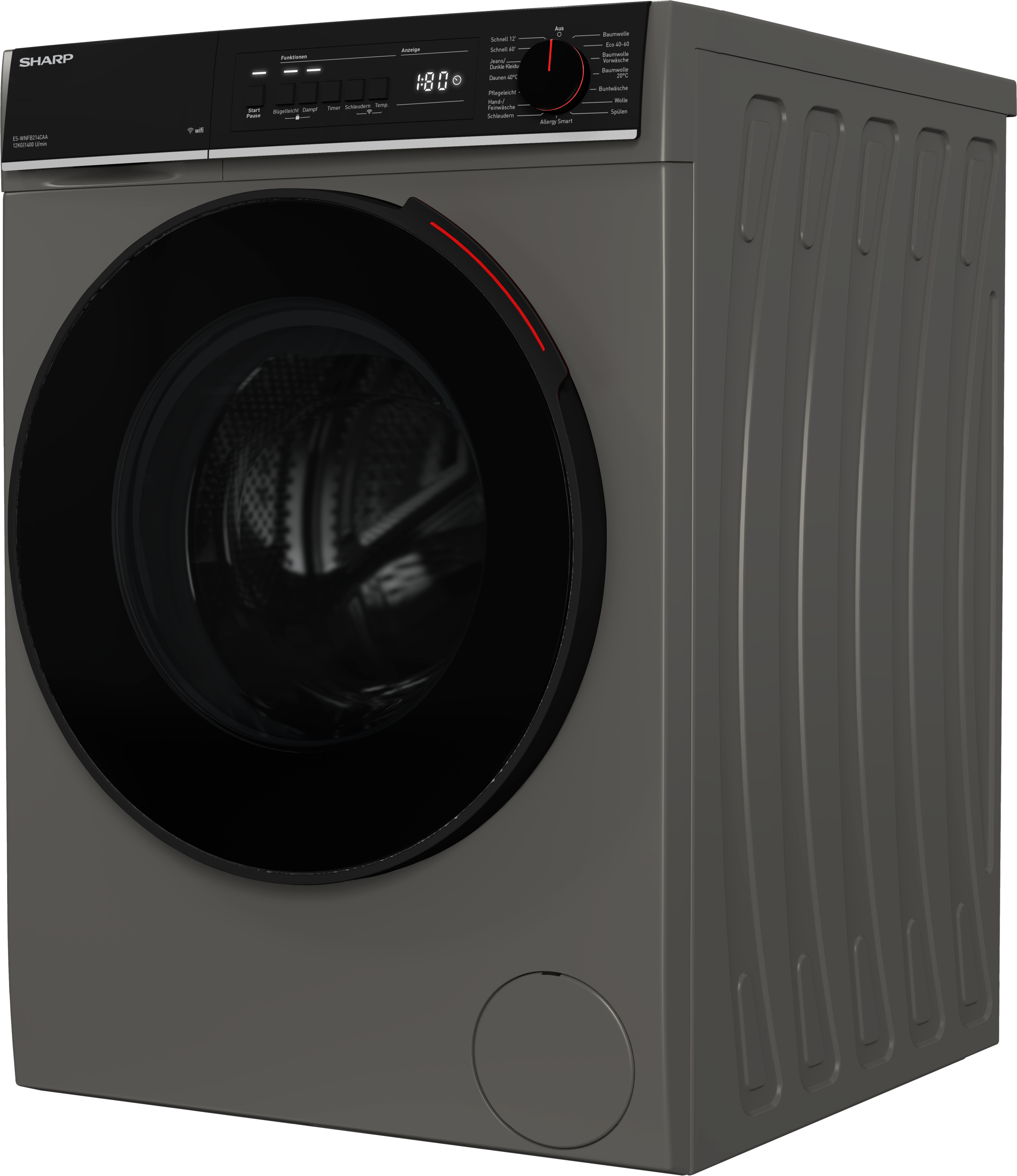 Sharp Waschmaschine »ES-WNFB214CAA-DE« 12 kg 1400 U/min 12kg / +WIFI / A-20% / black Doorring+knob / Steam / Espresso Grey