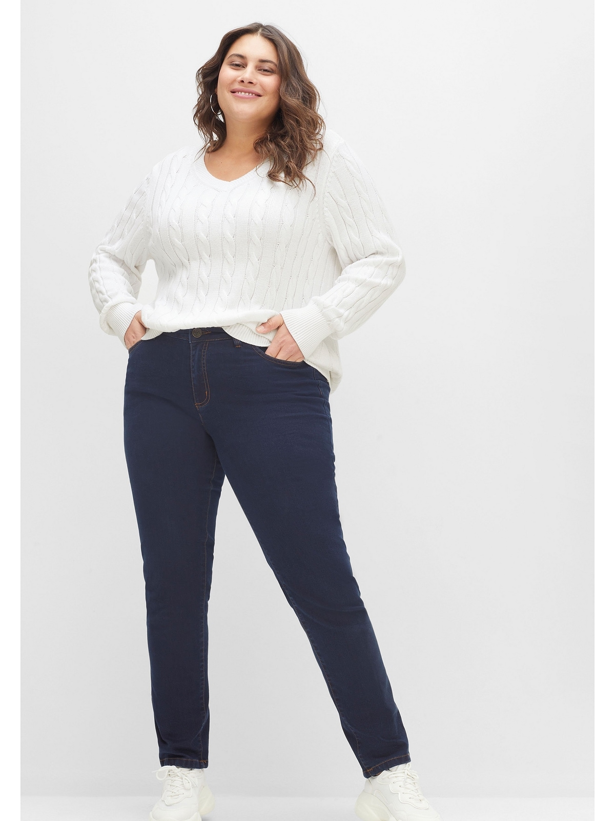 Sheego V-Ausschnitt-Pullover »Große Größen«, aus Baumwolle, mit Zopfmuster  für kaufen | BAUR