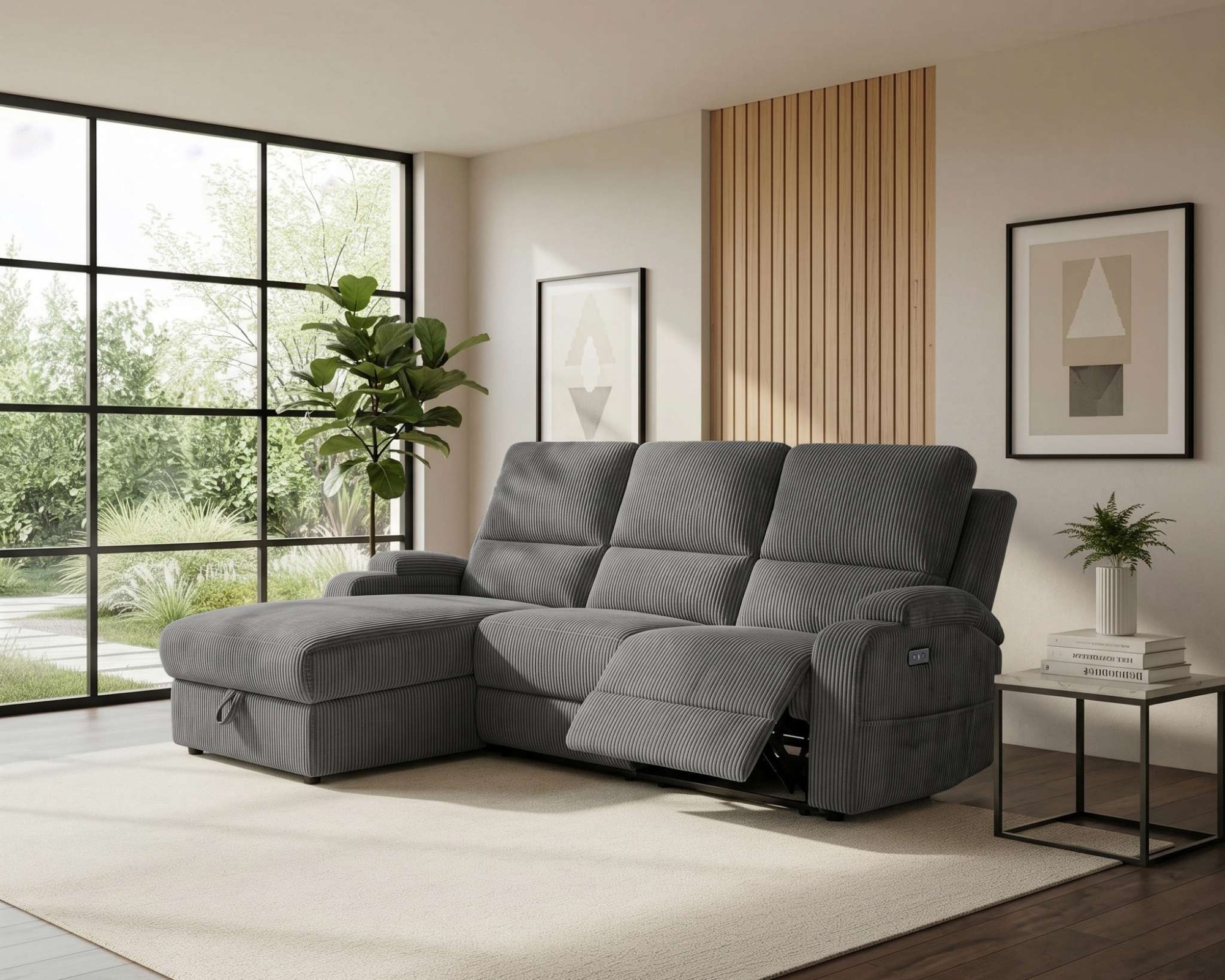 OTTO home Ecksofa "NAPORI Cord, L-Form, 210cm, man./elektr. Relaxfunktion" USB-A bei elektr. Variante, Staukasten, Seitentaschen u. Federkern