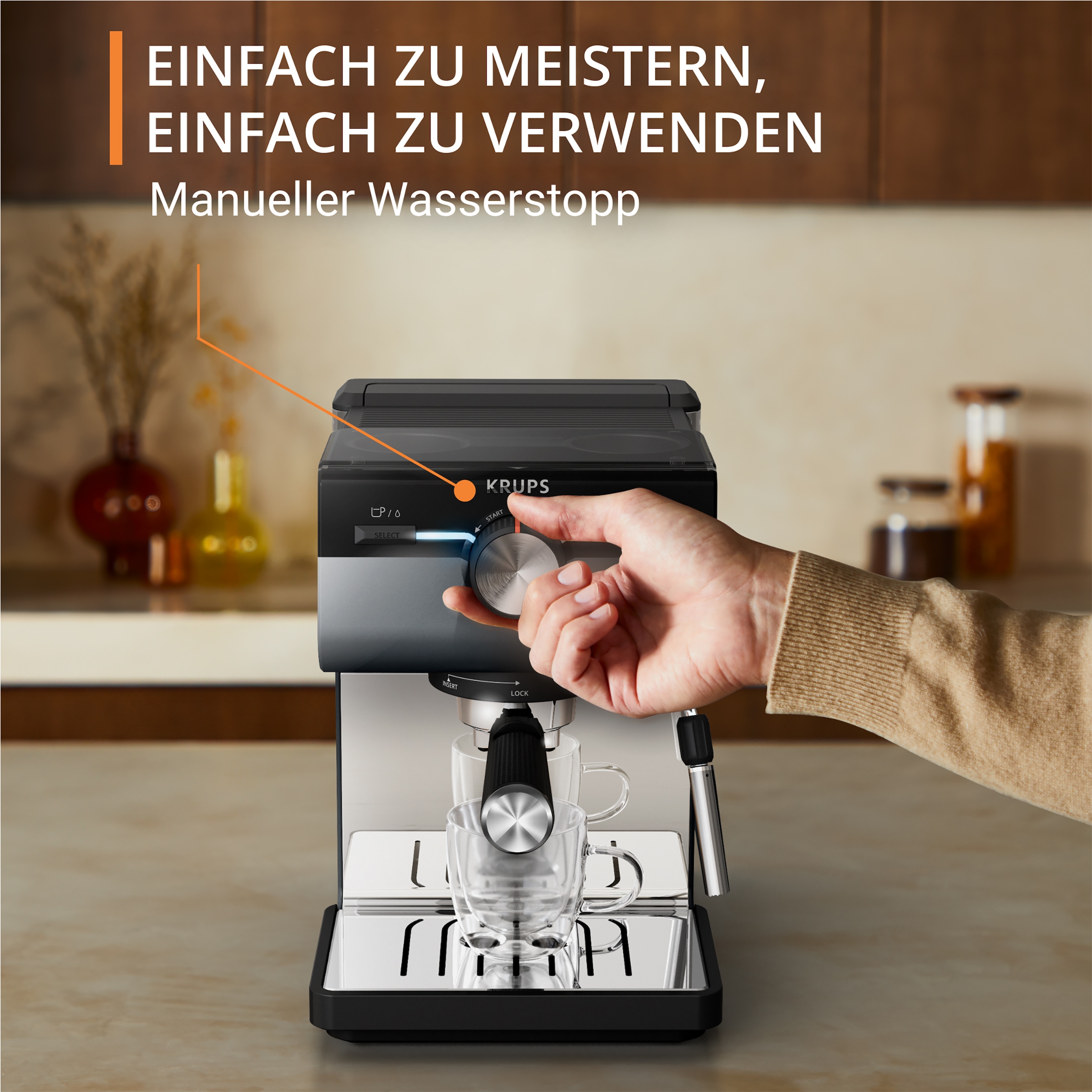 Krups Siebträgermaschine »XP384G Authentic+«, intuitives Bedienfeld, Milch-Aufschäumdüse, 3 Siebeinsätze