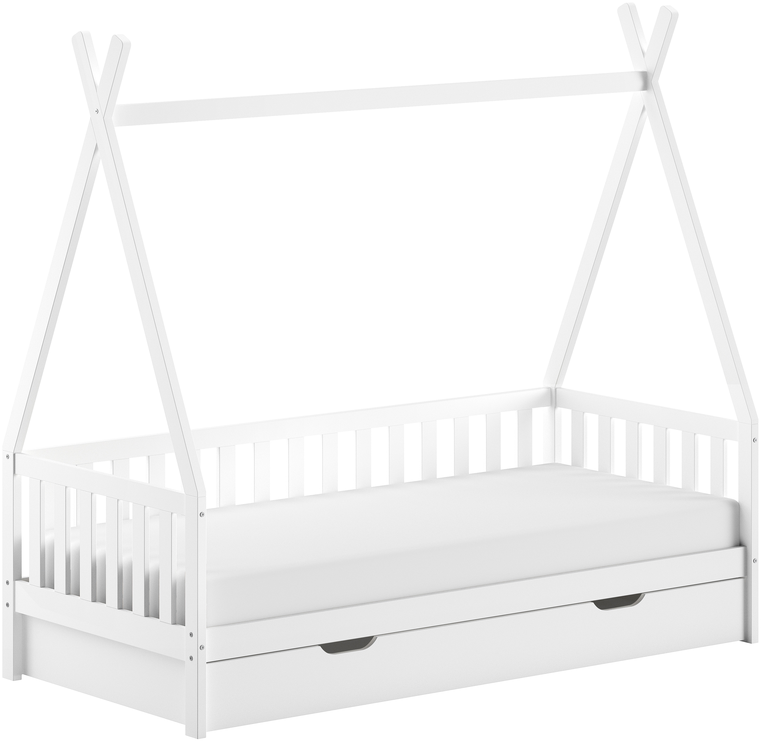 Vipack Massivholzbett "mit Tipi Dach, seitlich und hinten mit Sprossenumrandung" Liegefläche 90/200 cm mit Rollattenrost und Bettschublade auf Rollen, Korpus aus massiver Kiefer, weiß lackiert