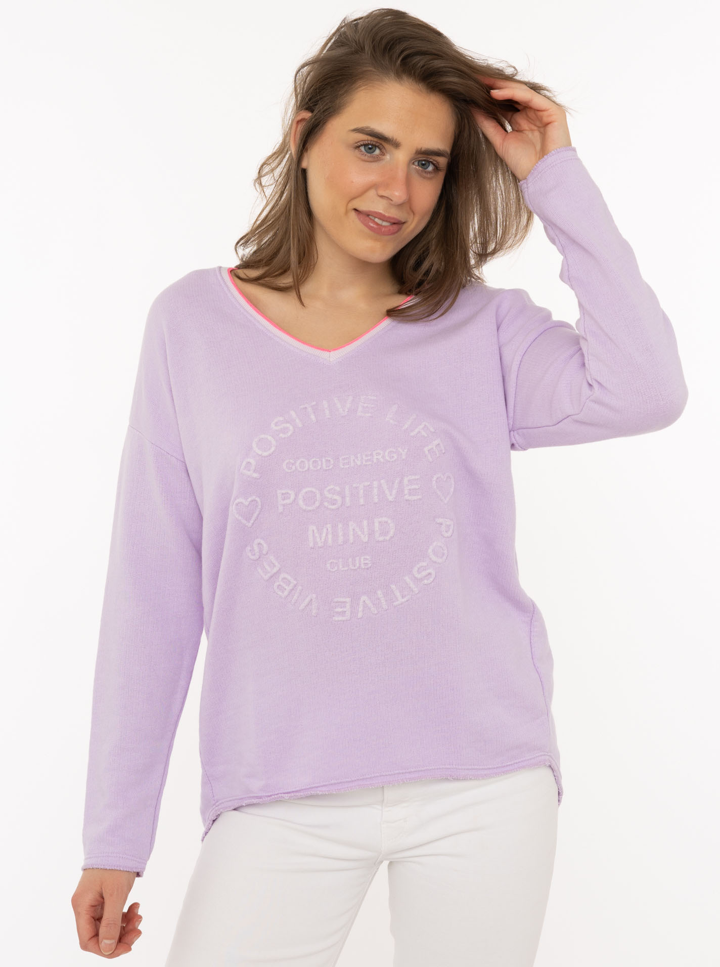 Zwillingsherz "„Positive Mind Neon Kante”", mit Kontrastnaht, V-Neck, washed out Optik, langarm