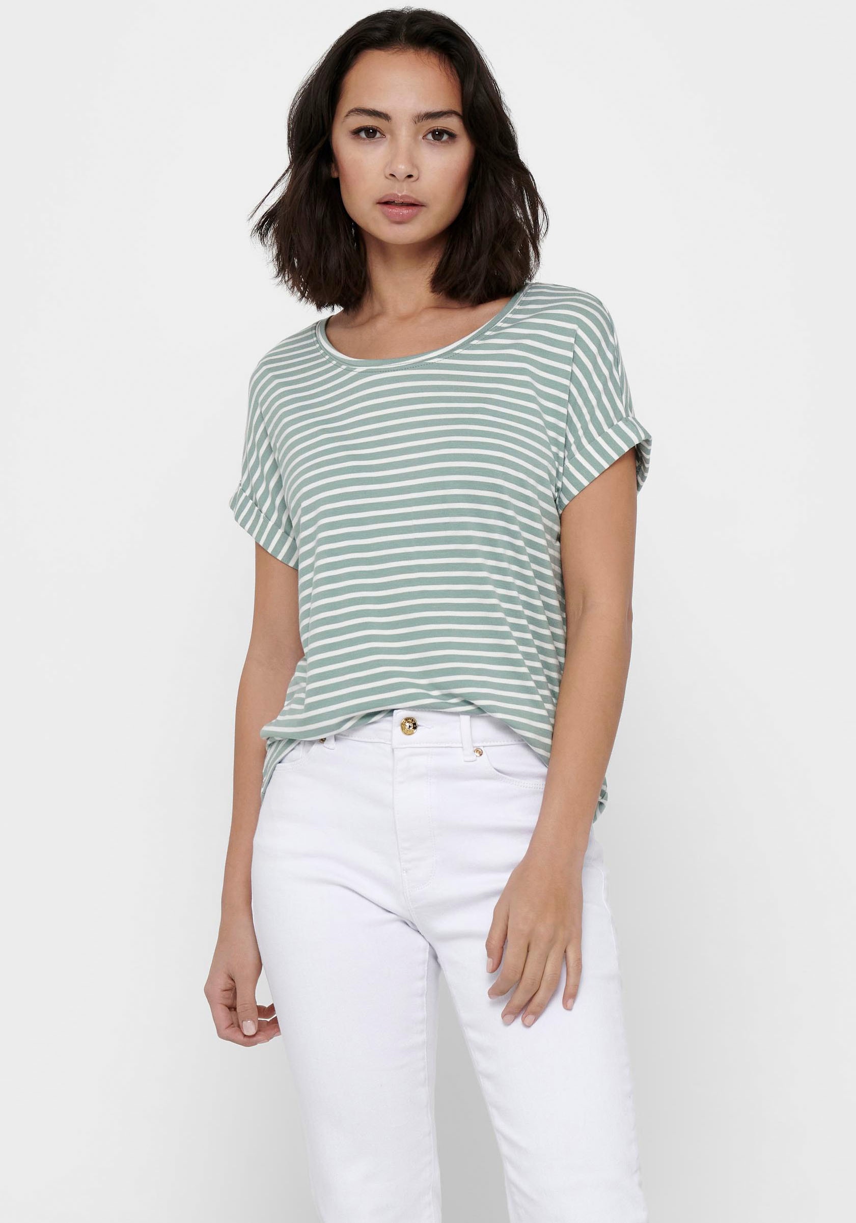 ONLY T-Shirt "ONLMOSTER STRIPE S/S O-NECK TOP JRS NOOS", mit Aufschlag am A günstig online kaufen