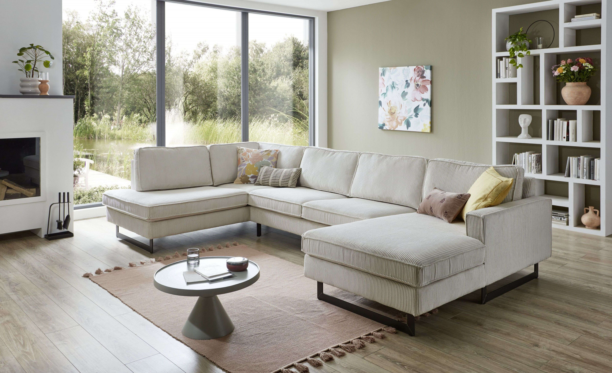 OTTO home Wohnlandschaft "Pinto, 350 cm, U-Form, XXL, mit Ottomanen" Cord, Chenille, Lederoptik, mit Keder, Metallfüße, Wellenunterfederung