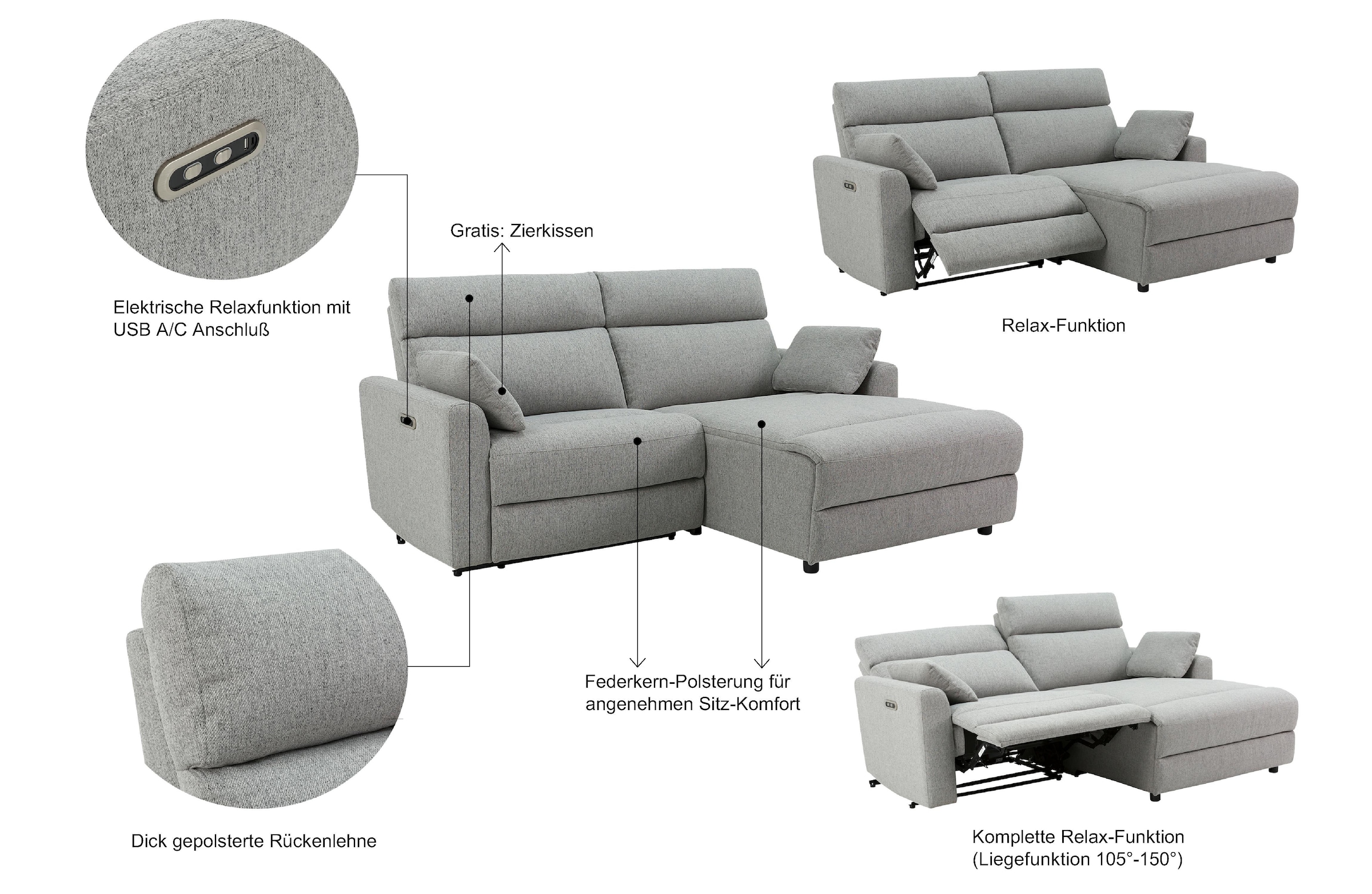 INOSIGN Ecksofa »JENNA, L-Form, 209cm, manuelle u. elektrische Funktion, mit USB A/C,«, Liegefunktion 105°-150°, Federkern, Struktur fein