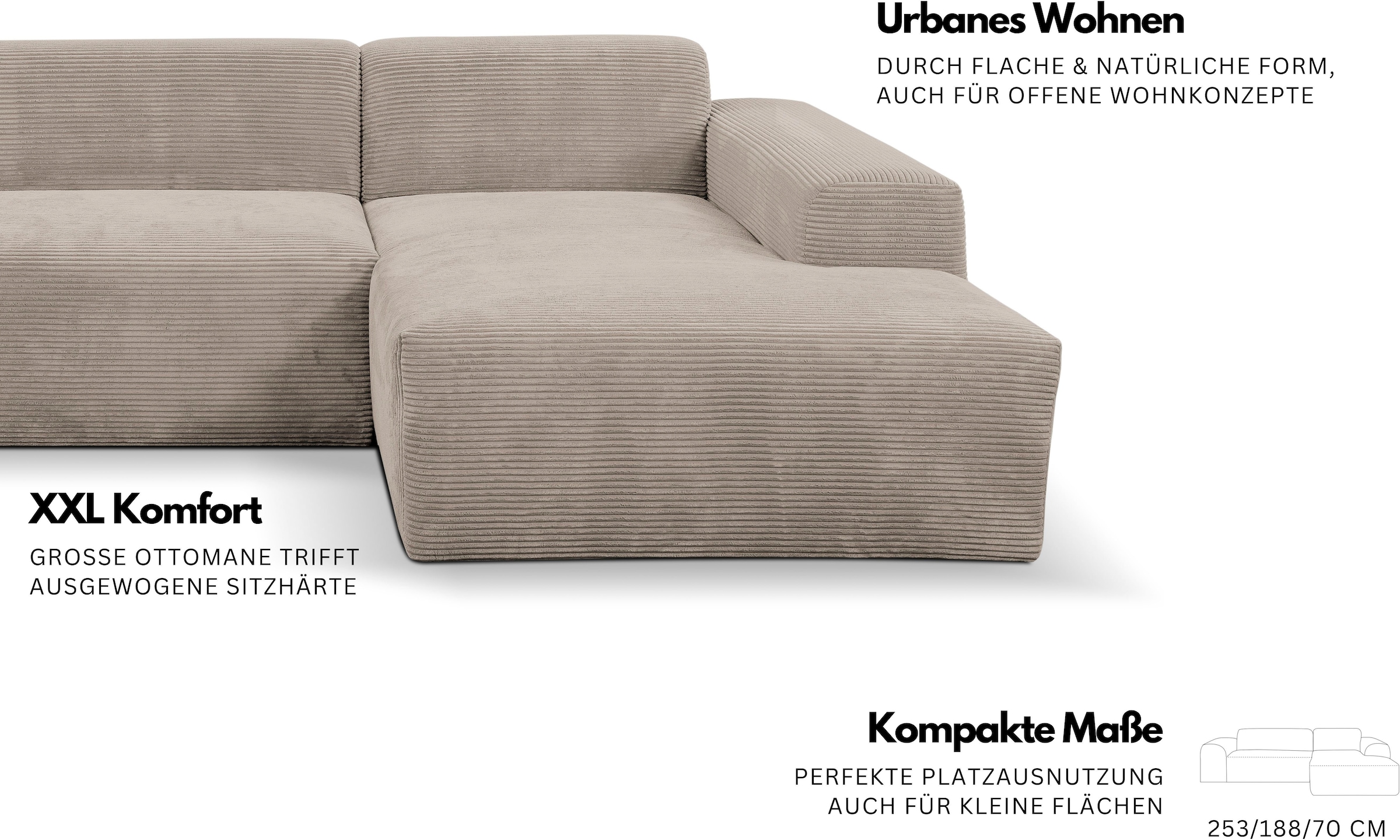 WERK2 Ecksofa »Zeus-L urbanes Curvy Design, kompakt & bequem, Lounge Couch« Organische curvy-trend Couch mit großer Komfort-Ottomane, L-Form