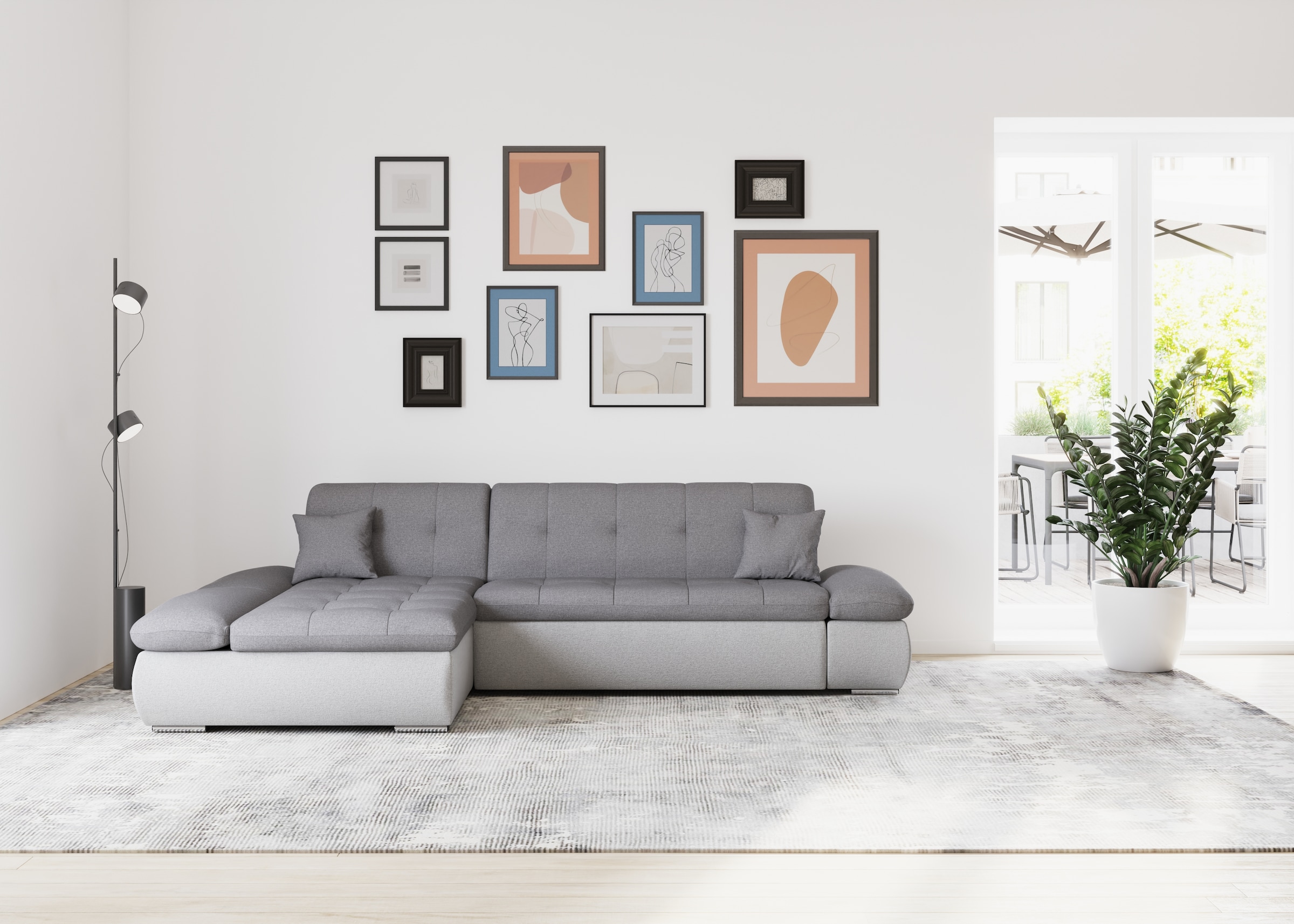 DOMO collection Ecksofa »Moric, L-Form, XXL-Sofa - Breite 300cm«, wahlweise mit Bettfunktion und Armteilverstellung, silber-grau