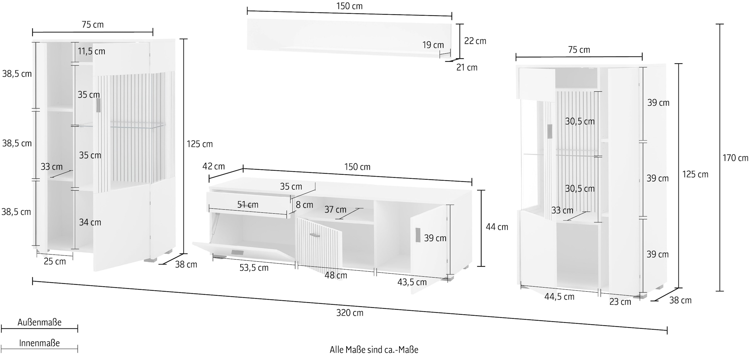 INOSIGN Wohnwand »HUDSON«, (Set, 4 St.), mit moderner Rillenoptik, Griffe aus Metall (Schwarz), Breite 320 cm