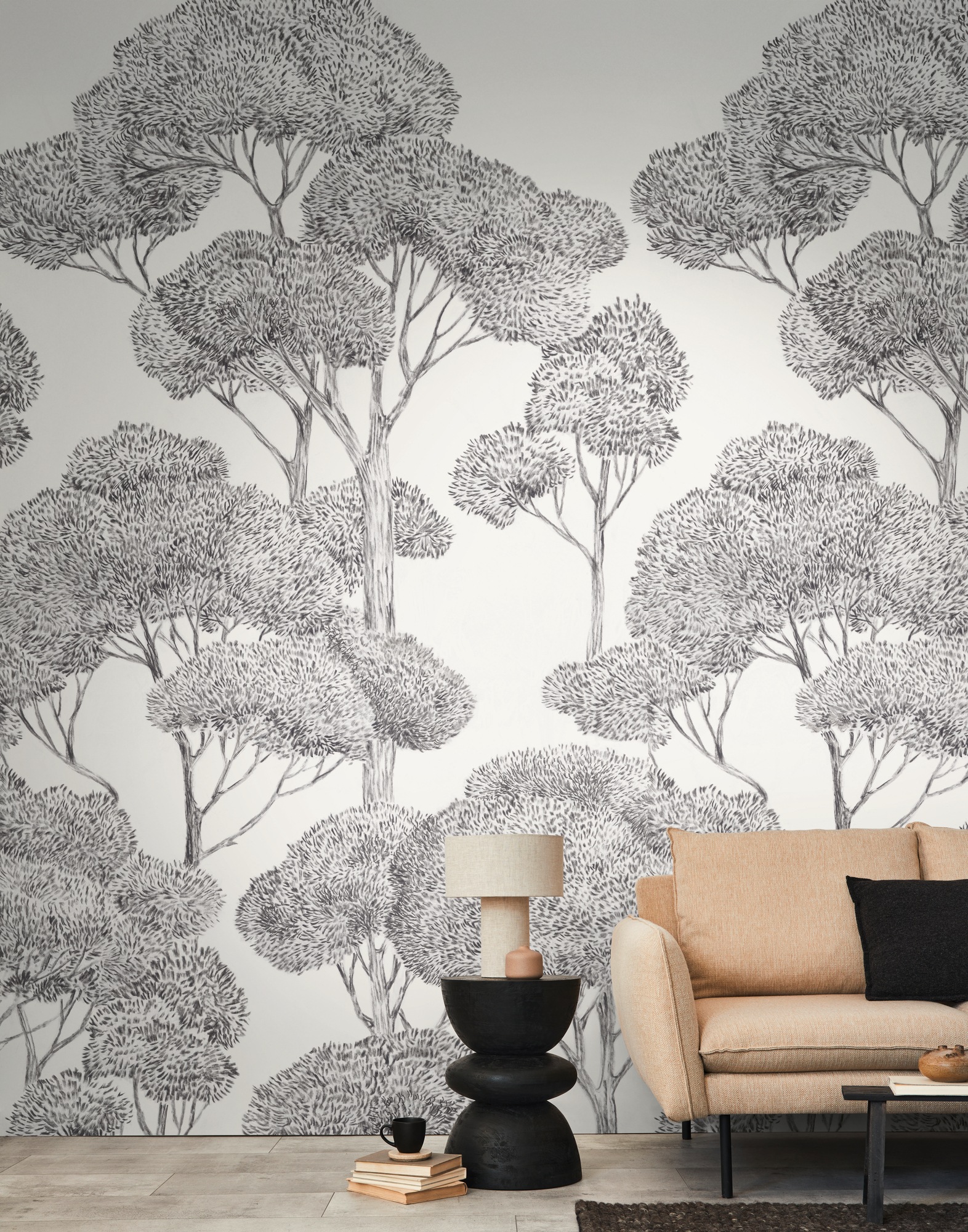 living walls Vliestapete »Vibes & Styles Silvanor – Forest Sketch Fototapete« Comic leicht strukturiert Stilisierte Baumlandschaft mit feinen Linien und ruhiger Tiefenwirkung