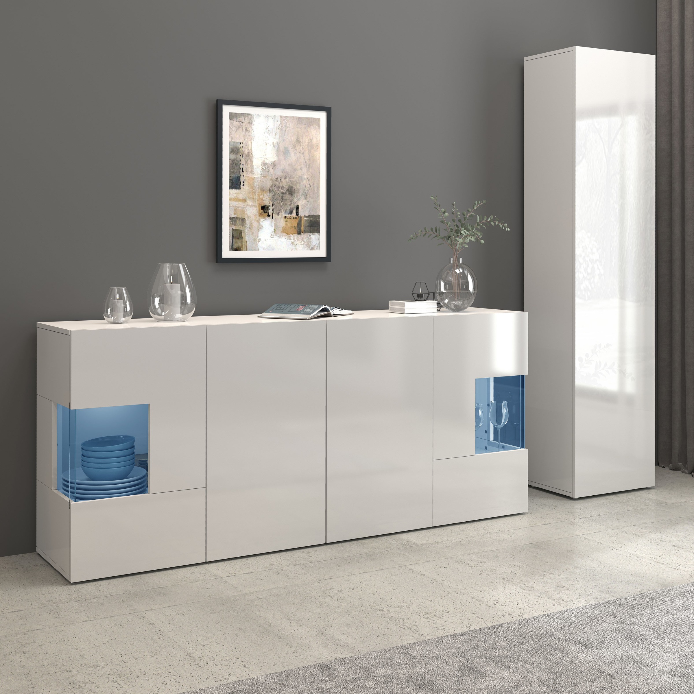 INOSIGN Sideboard »Egypt, Kommode, Schrank, Kredenz, Vitrine grifflos«, 4 Türen davon 2 mit Glaseinsatz, kompl. Hochglanz lackiert, Breite 180