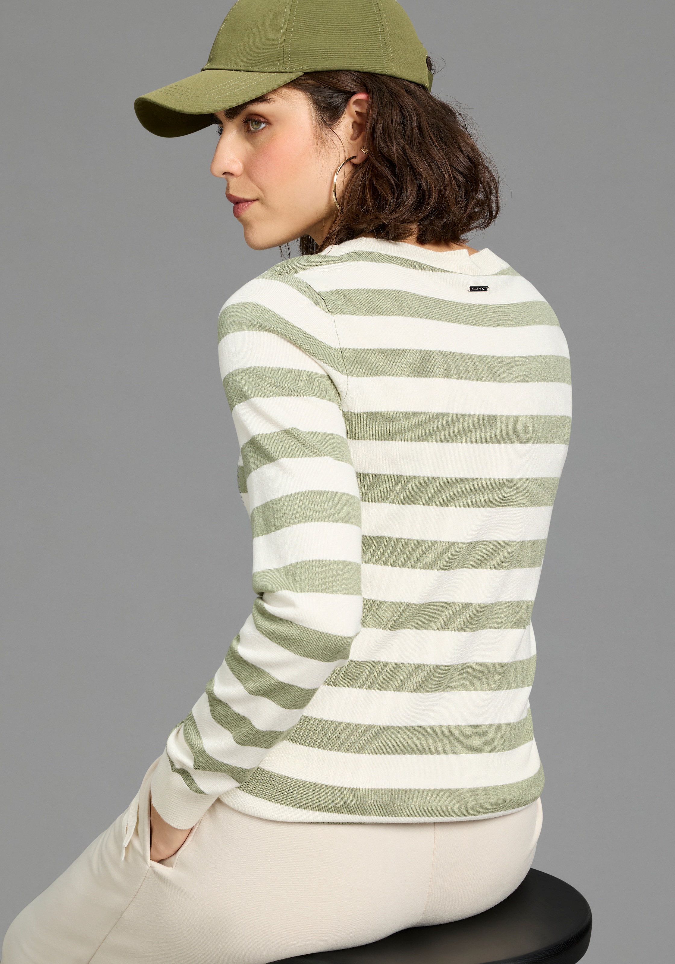 Laura Scott Streifenpullover leichter Übergangspullover mit Glitzerschrift und Bindeband