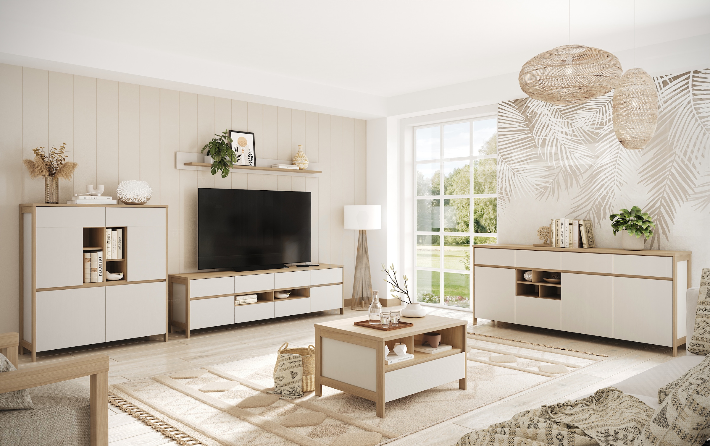 Home affaire Wohnwand »Stranda, moderne Anbauwand, Komplettset im Scandi-Style«, (3 St.), enthält Lowboard, Highboard und Wandboard, 324 cm breit