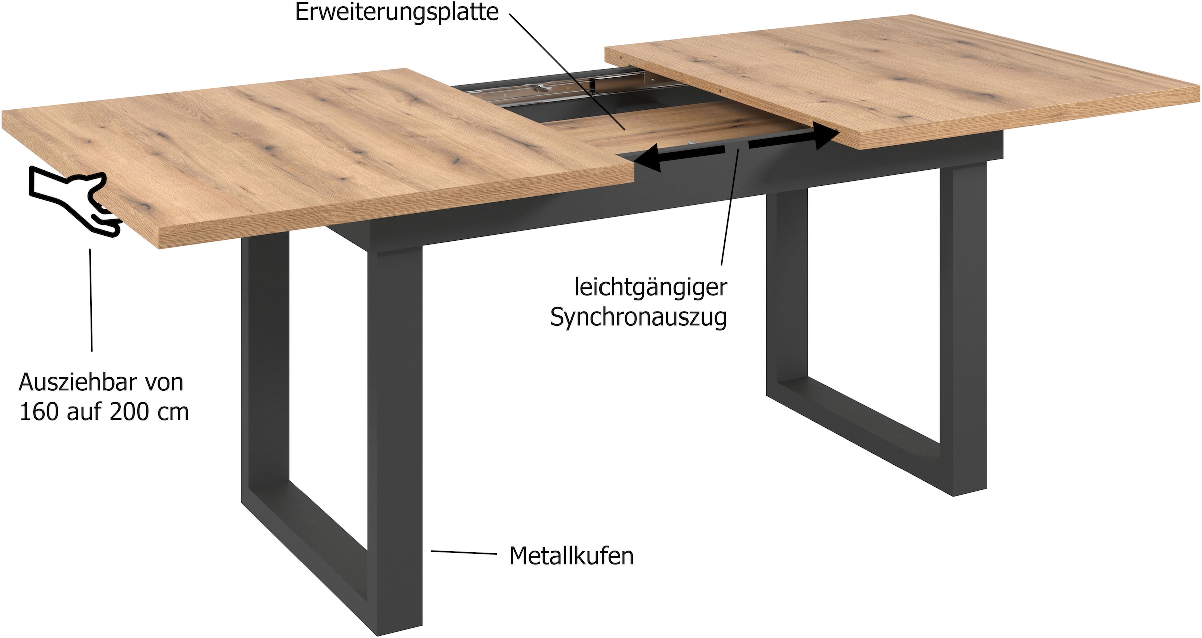 Home affaire Esstisch »Valencia« 1 Stk. tlg. Synchroauszug; Metallkufen, ausziehbar auf 200 cm