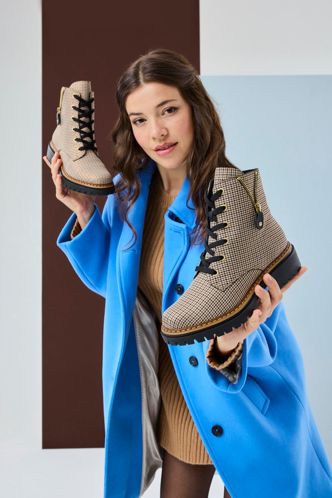 Thumbnail - Rieker Schnürstiefelette Schnürboots, Herbstboots, Profilsohle, Blockabsatz, im Pepita-Look