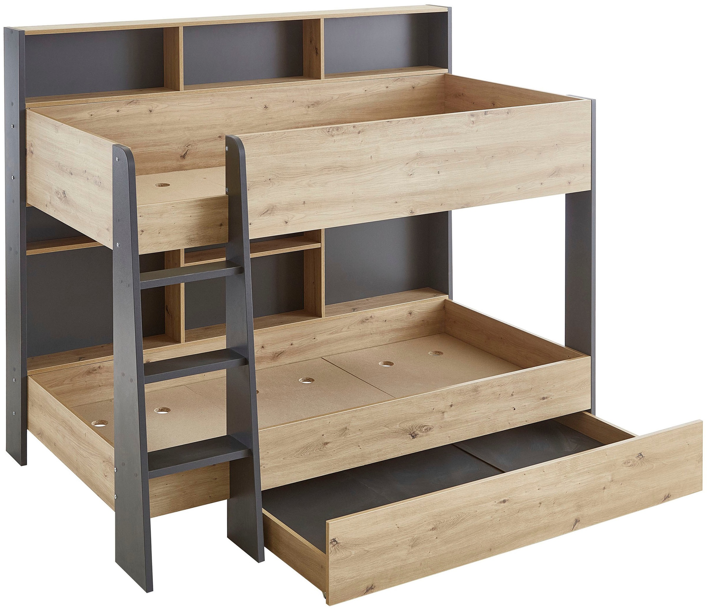 Relita Etagenbett »Sely, viel Funktion auf kleinem Raum, 2 Liegeflächen, modernes Design« viele Regalfächer an der Bettrückseite, inkl. Schublade auf Rollen,  viel Stauraum, pflegeleichte Melamin Oberfläche, 3 Farben zur Wahl