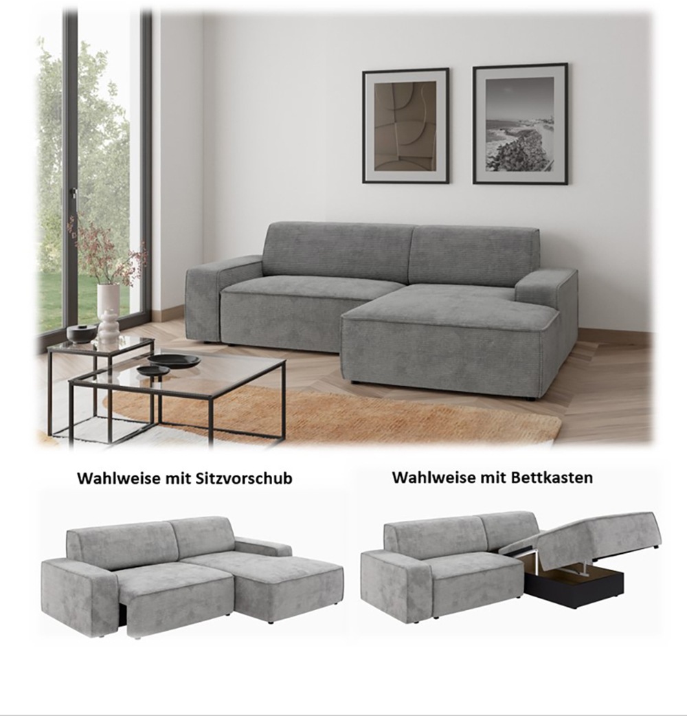 Thumbnail - TRENDMANUFAKTUR Ecksofa "Graz, wahlweise mit Sitzvorschub und Bettkasten, L-Form, Breite 246 cm", in Cord-, haustierfreu...