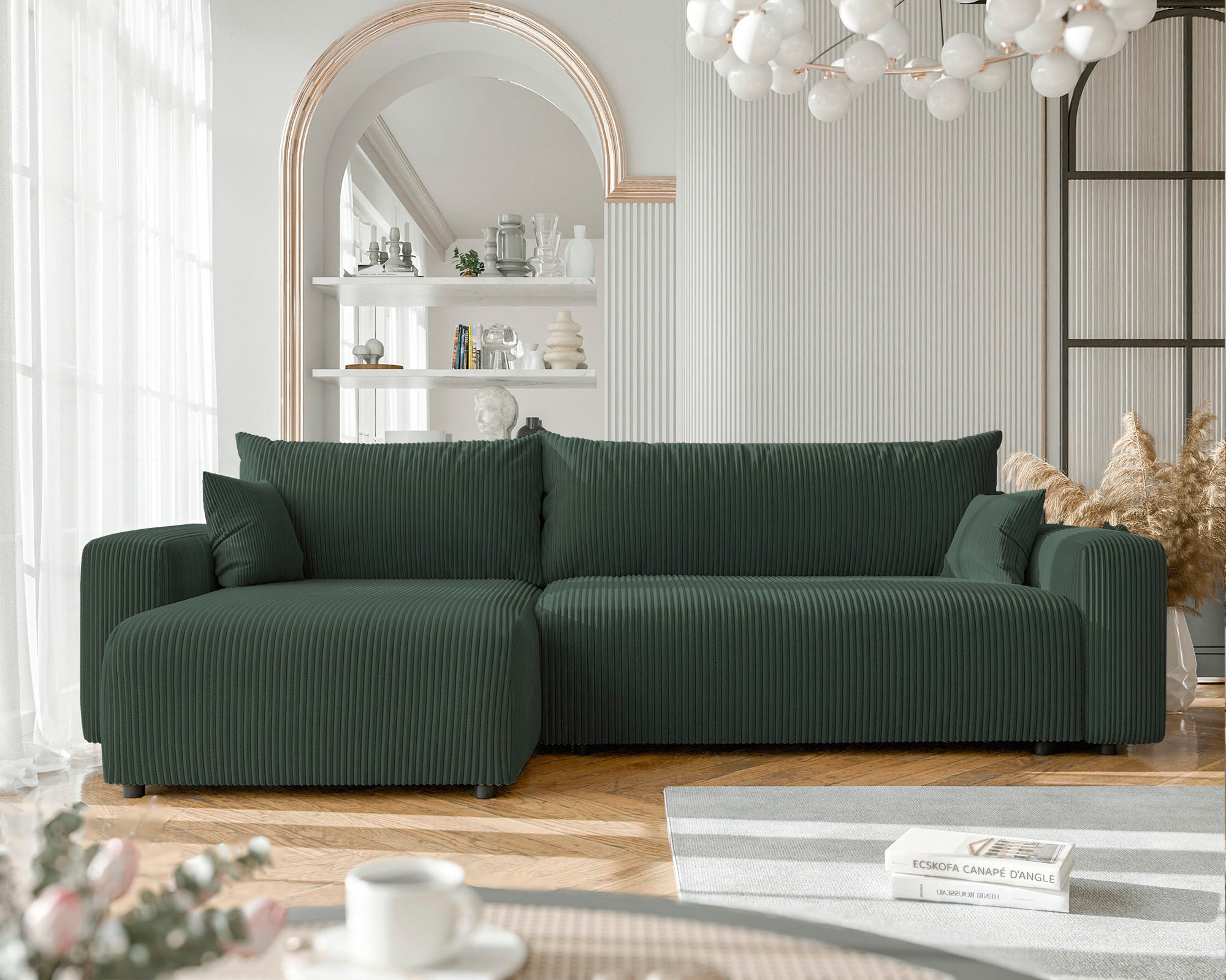 WERK2 Ecksofa »Piano XL Cord Sofa L-Form, Schlaffunktion & Bettkasten, 278 cm breit« Ottomane beidseitig montierbar, lose Rückenkissen & 2 Zierkissen