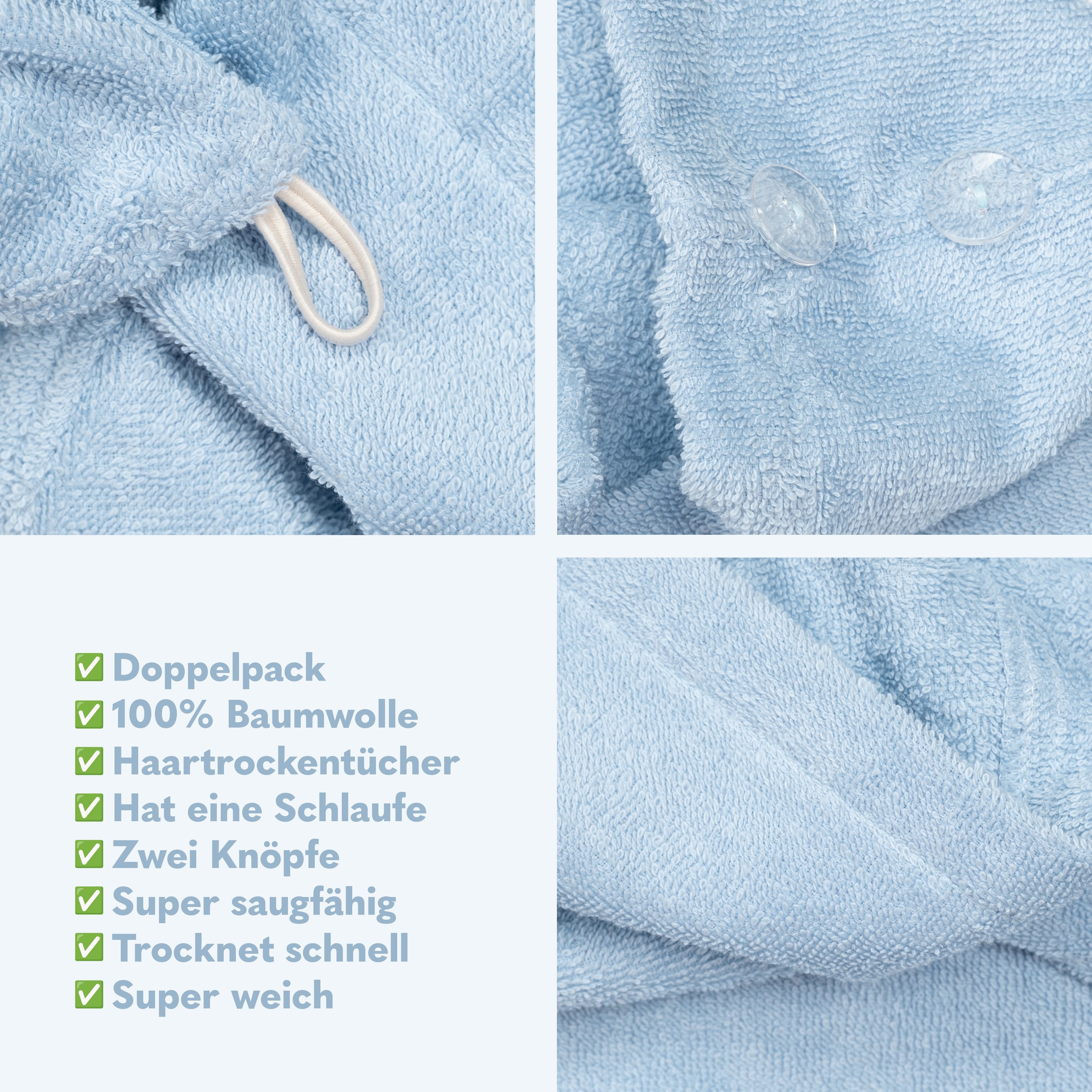HAMMETEX Turban-Handtuch »2er Set Haarturban Damen, 100% Baumwolle, Flauschig & Schnelltrocknend«, (Set, 2 St., 2), Uni-Farben, weich