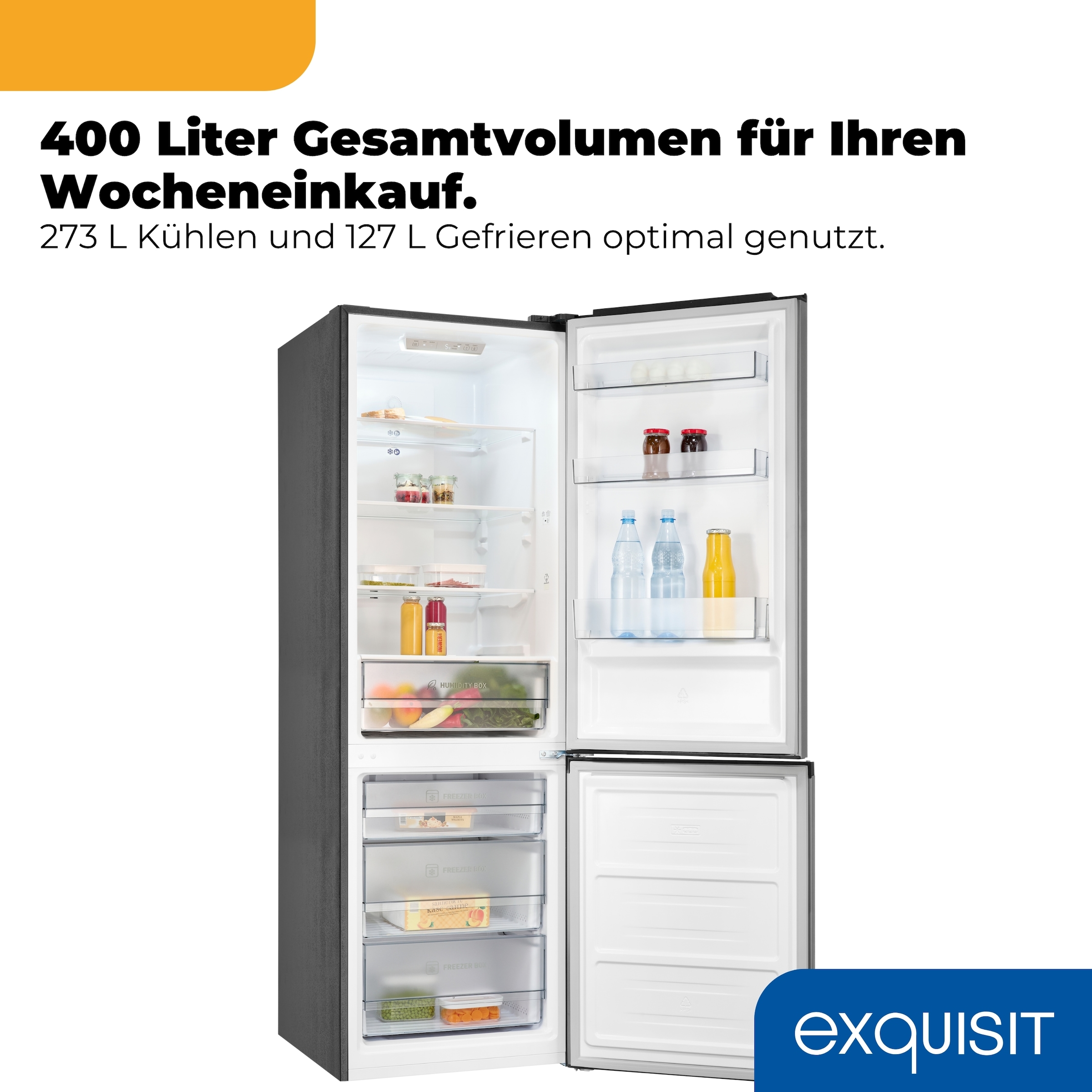 exquisit Kühl-/Gefrierkombination »KGC400-130-NF-040D inoxlook« 186 cm hoch 60 cm breit Humidity Box für optimale Feuchtigkeitsregulierung & kein Abtauen mehr