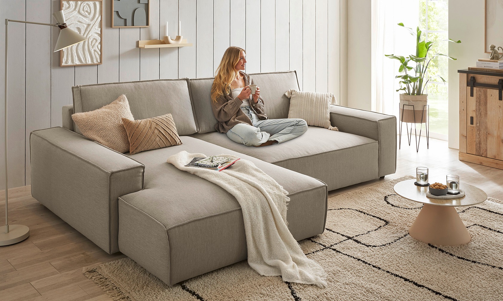 OTTO home Ecksofa "SHERWOOD XXL Leinenoptik 284, Big-Sofa L-Form, tiefe Sitzfläche 95 cm" Recamiere rechts/links, als Schlafsofa stellbar, Cord u. Leinenoptik