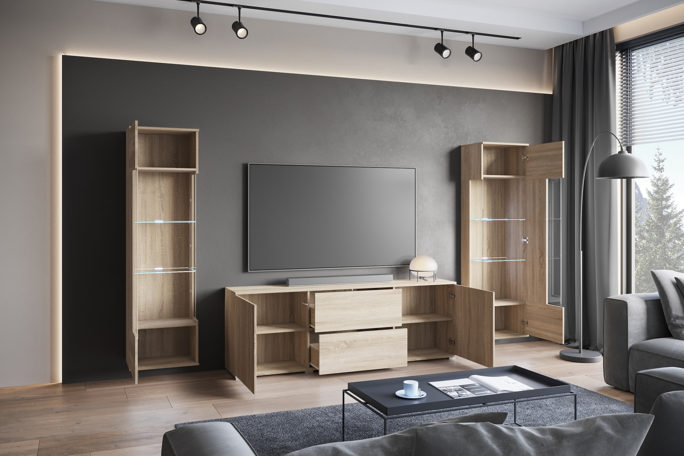 INOSIGN Wohnwand »KENIA«, (Komplett-Set, 3 St.), Vitrinen mit Eckverglasung, hängend und stehend montierbar