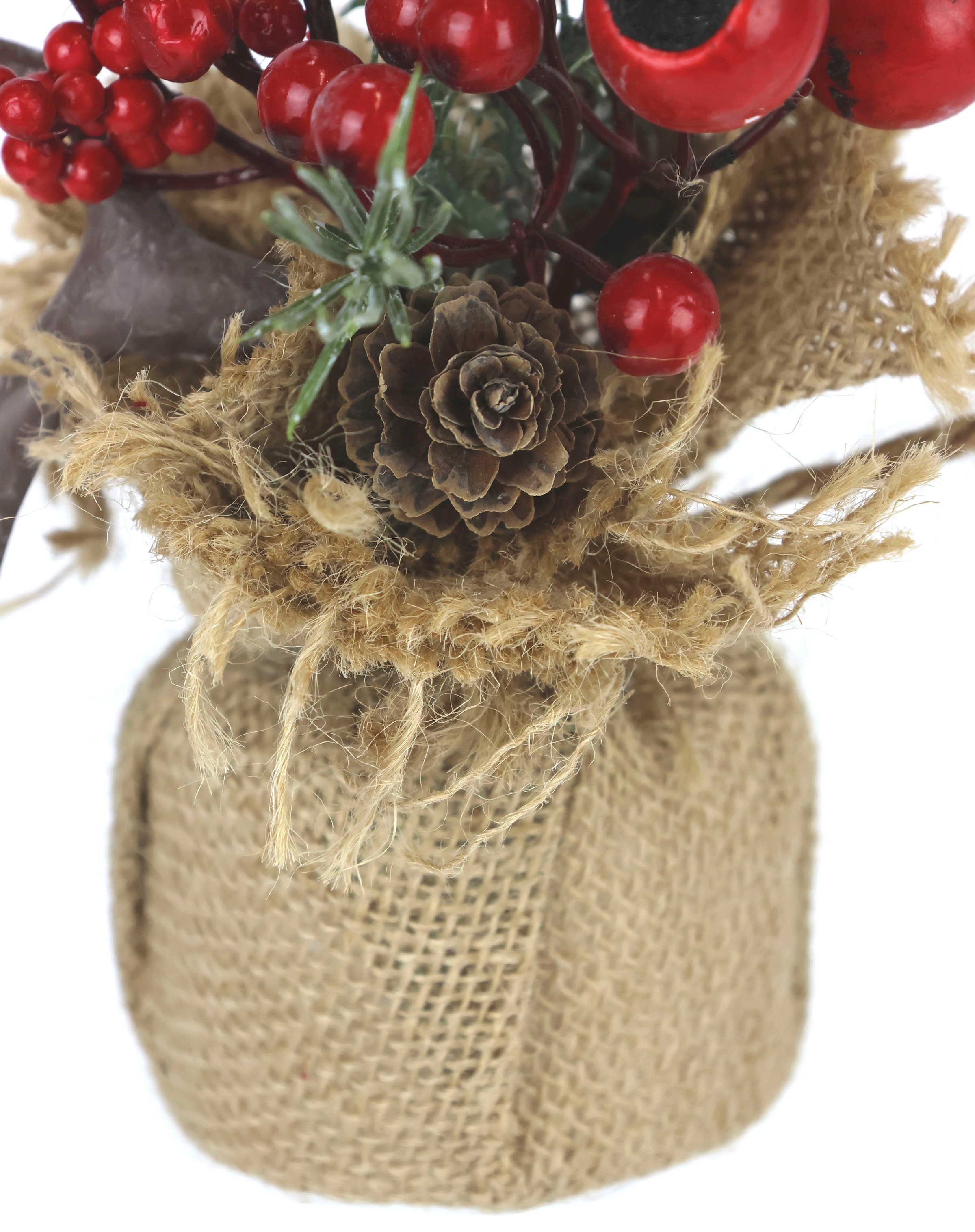 I.GE.A. Winterliche Kunstpflanze »Weihnachtsgesteck in Jute, Weihnachtsdeko im 2er Set,«, Kunstblumen-Arrangement 1x mit Horn und 1x mit Hirsch