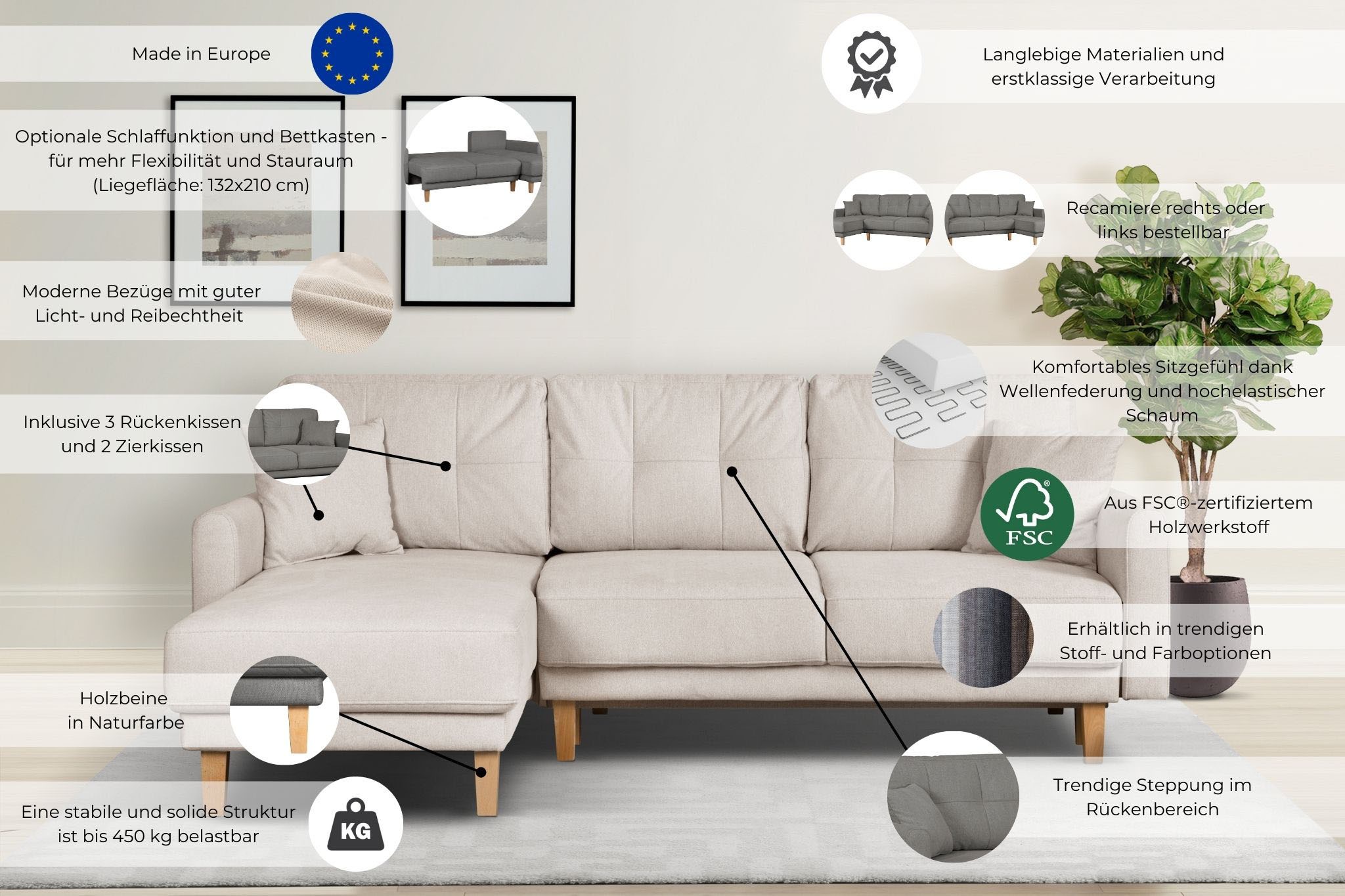 Home affaire Ecksofa »TRIPLO optionale Schlafsofa mit Bettkasten, Maße B/T/H: 234/164/89 cm«, L-Form wahlweise mit Bettfunktion - Liegefläche 132x210 cm