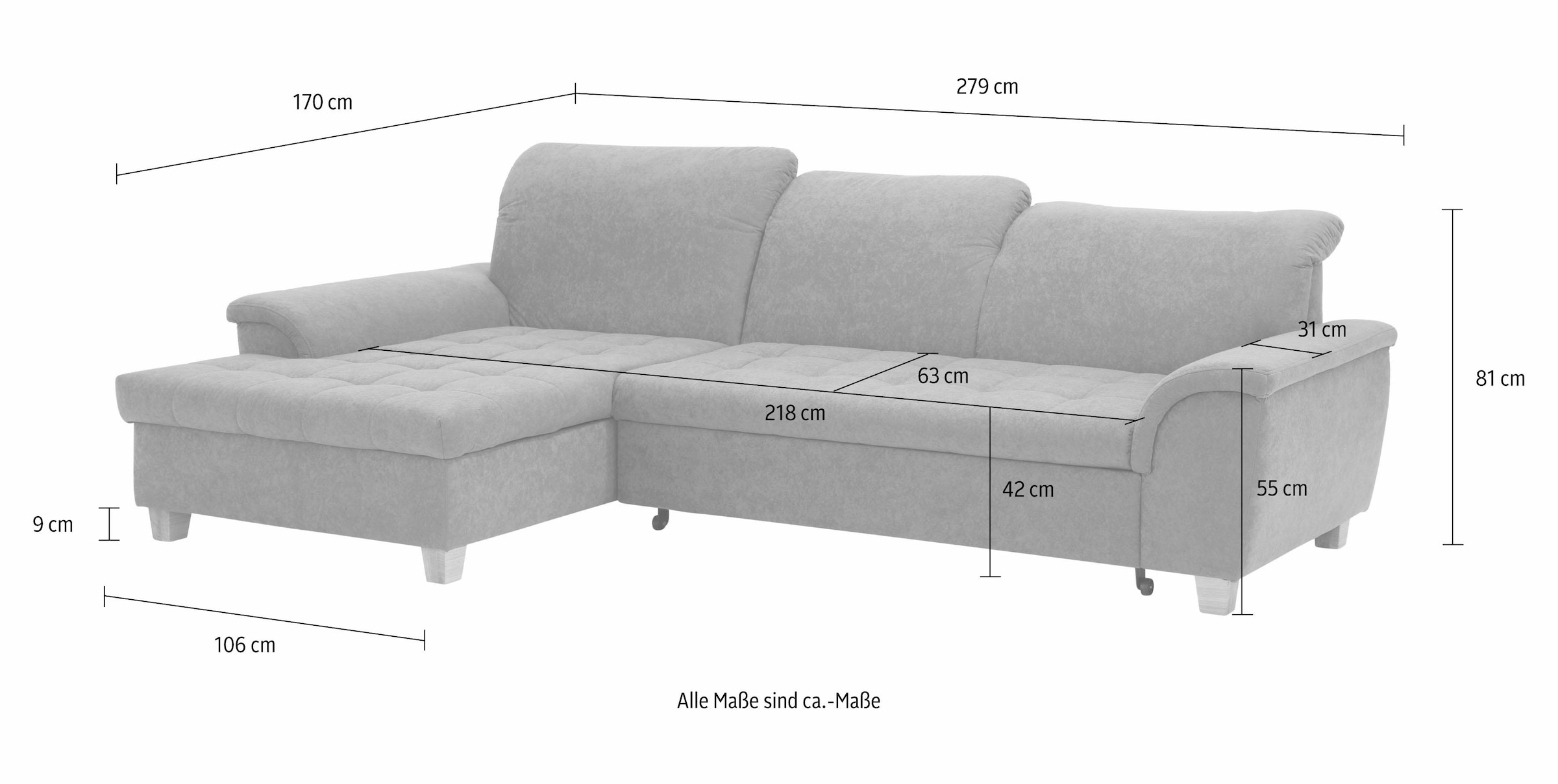 Home affaire Ecksofa »Lyla L-Form«, mit Recamiere, wahlweise mit Rückenfunktion und zusätzlich mit Bett