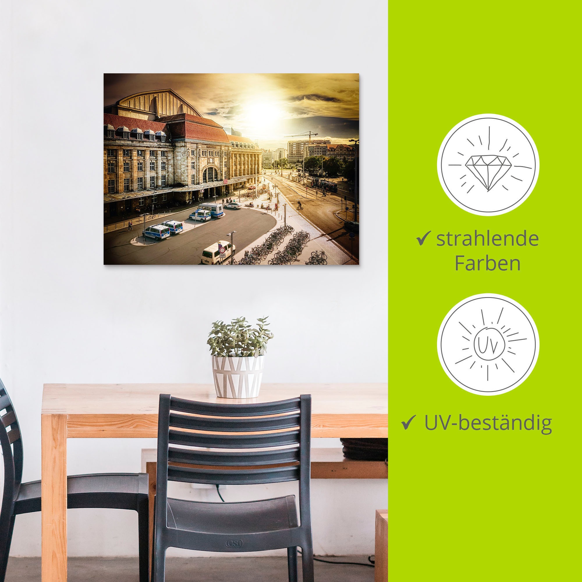 Artland Wandbild »Hauptbahnhof Leipzig im Sonnenuntergang«, Gebäude, (1 St.), als Alubild, Leinwandbild, Wandaufkleber oder Poster in versch. Größen