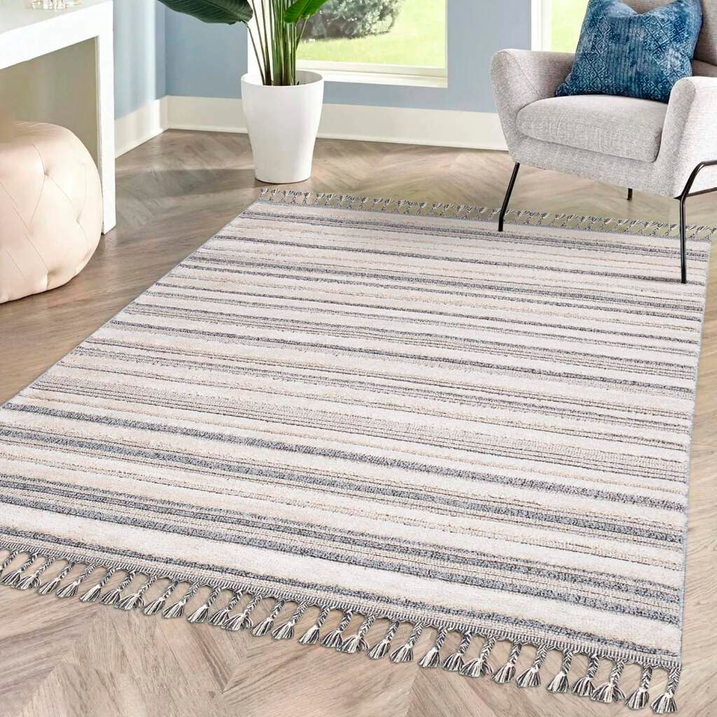 Carpet City Hochflor-Teppich »Valencia 807«, rechteckig, 20 mm Höhe, Läufer, Boho-Stil, 3D-Effekt, Streifen, Hoch-Tief-Struktur, Fransen