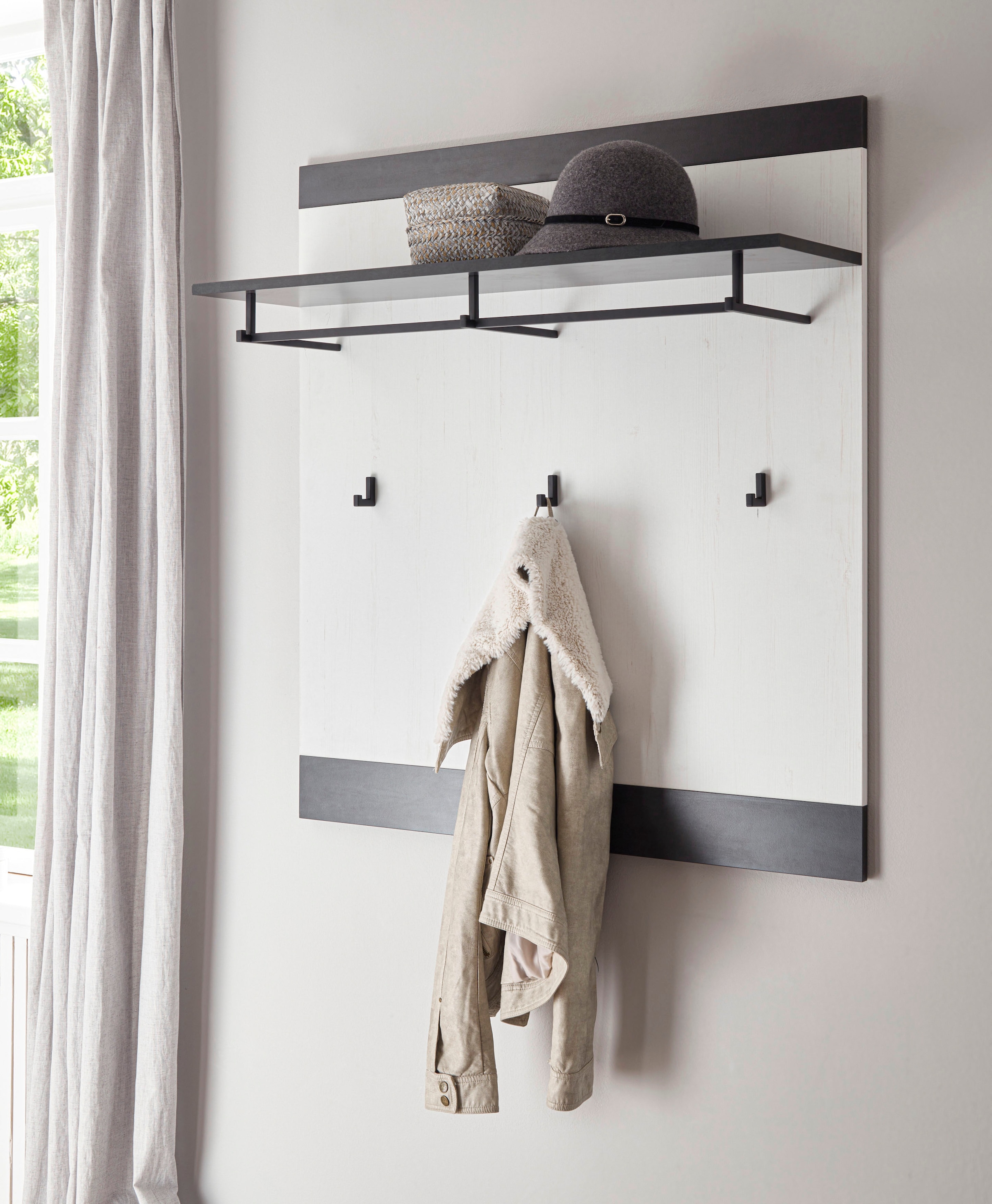 Home affaire Garderobenpaneel "Sherwood, Wandregal im Industrial-Style, Flurgarderobe, Garderobe" mit Ablage, Garderobenstange und Haken, in 2 Farben erhältlich