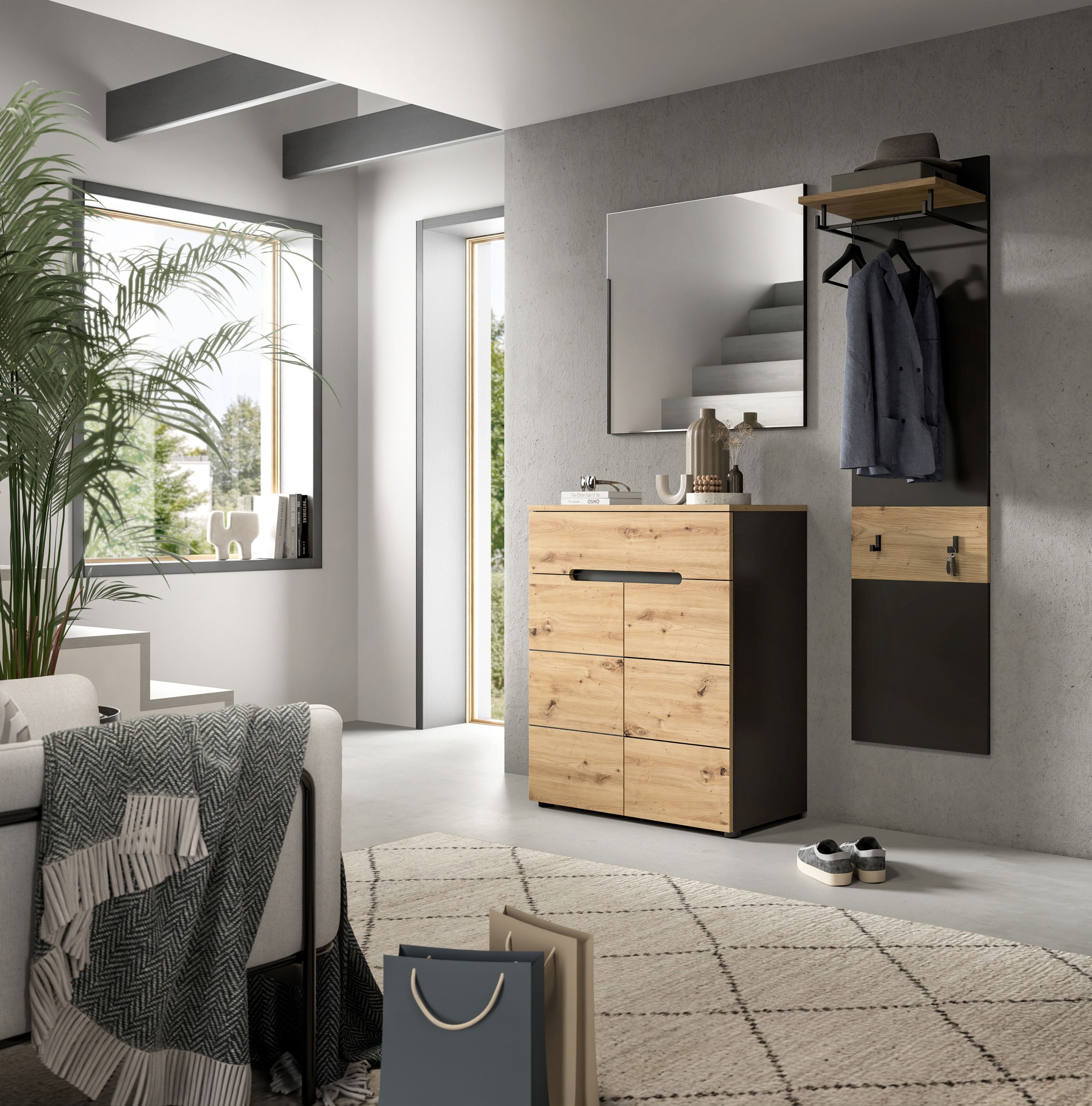 INOSIGN Garderoben-Set, (Set, 3 St., bestehend aus: Kommode, Spiegel und Garderobenpaneel), Garderobenkombination, Kombination, Set, Flurgarderobe, Diele
