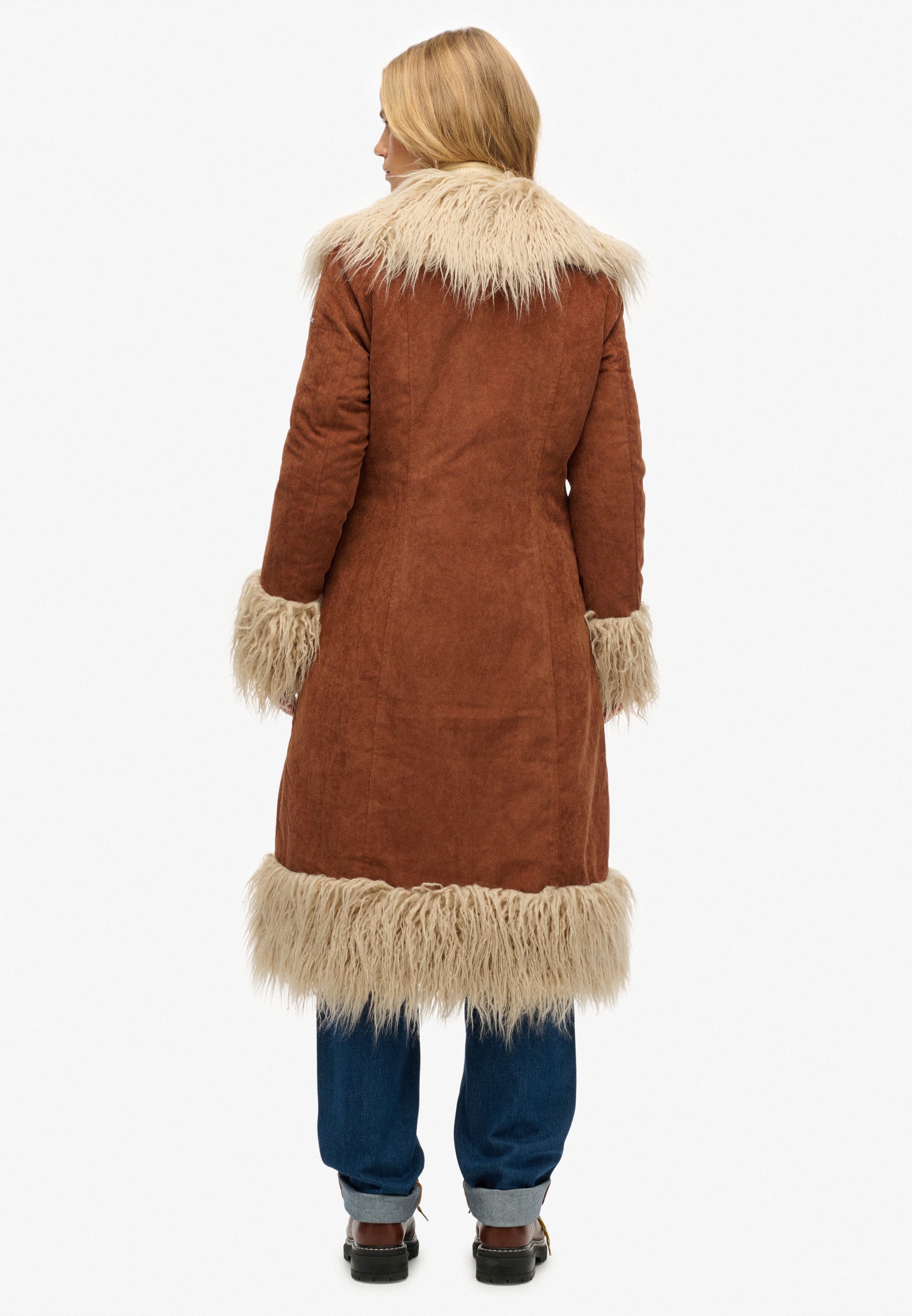 Superdry Fellimitatmantel »LONG AFGHAN COAT« Materialmix, slim fit, mit Kunstfellbesatz